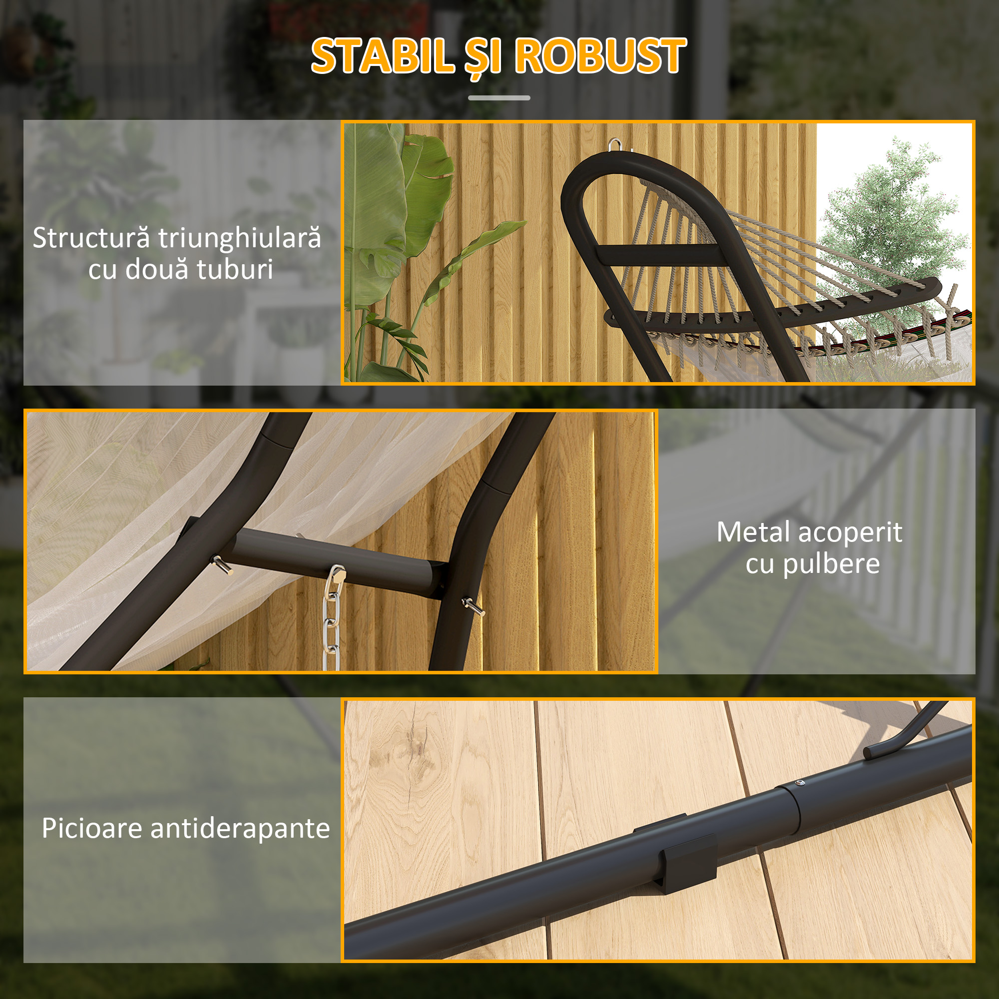  Suport Reglabil pentru Hamac din Otel cu Lanturi si Carlige in Forma de S, pentru Hamace de 2,75-4 m, 278 cm, Negru [3]