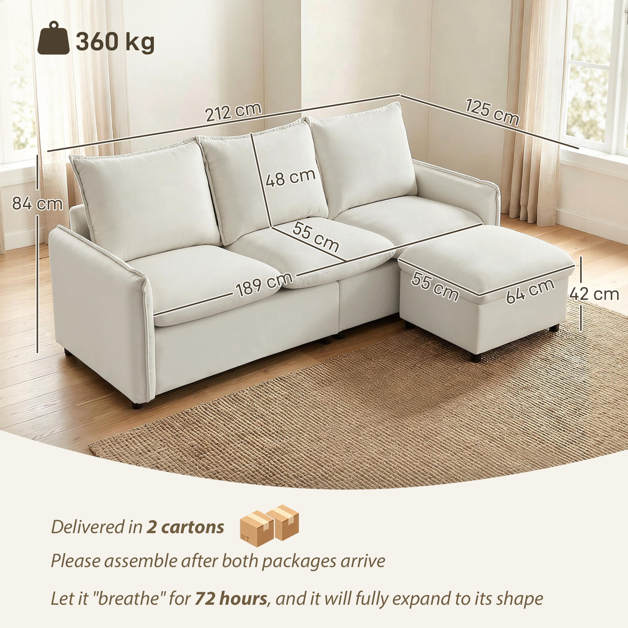 Set Canapea 3 Locuri, , Leathaire, 212x125x84cm, Crem [2]