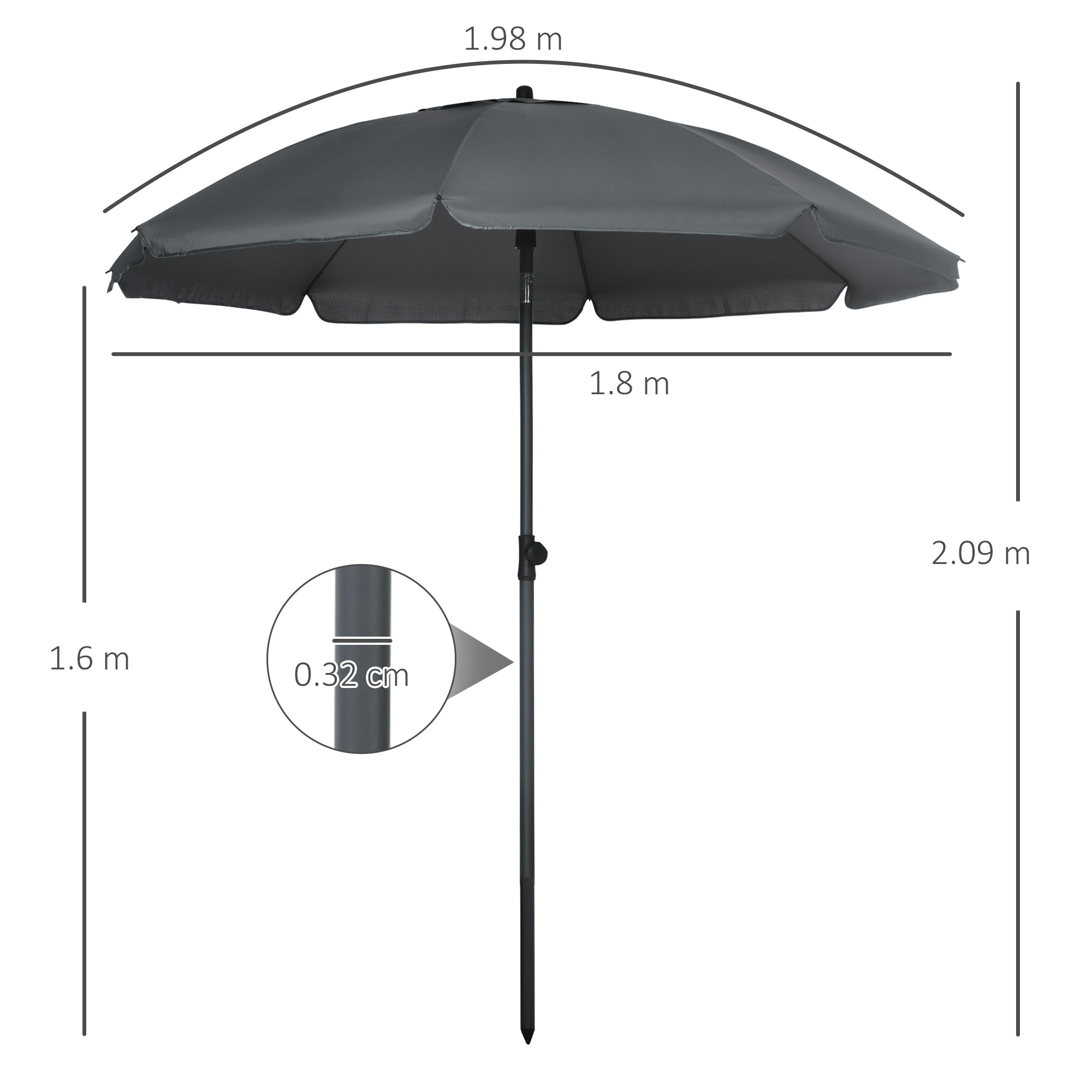  Umbrela de soare pentru plaja din Poliester si Otel cu 8 Nervuri, cu Tetiera care se Inclina la 45° si Design in 2 Sectiuni, Ø180x209 cm, Gri [2]
