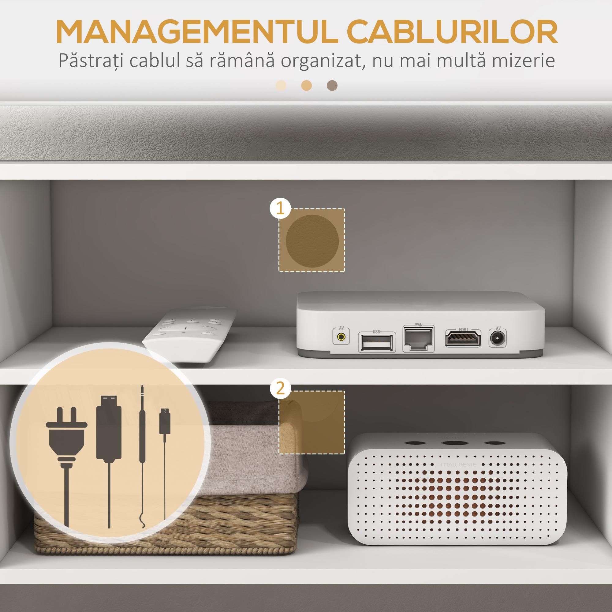  Cabinet TV 55" cu 2 Dulapuri, Usi si 2 Rafturi Deschise, Consola TV din Lemn si PAL, 120x34x50 cm, Alb [4]