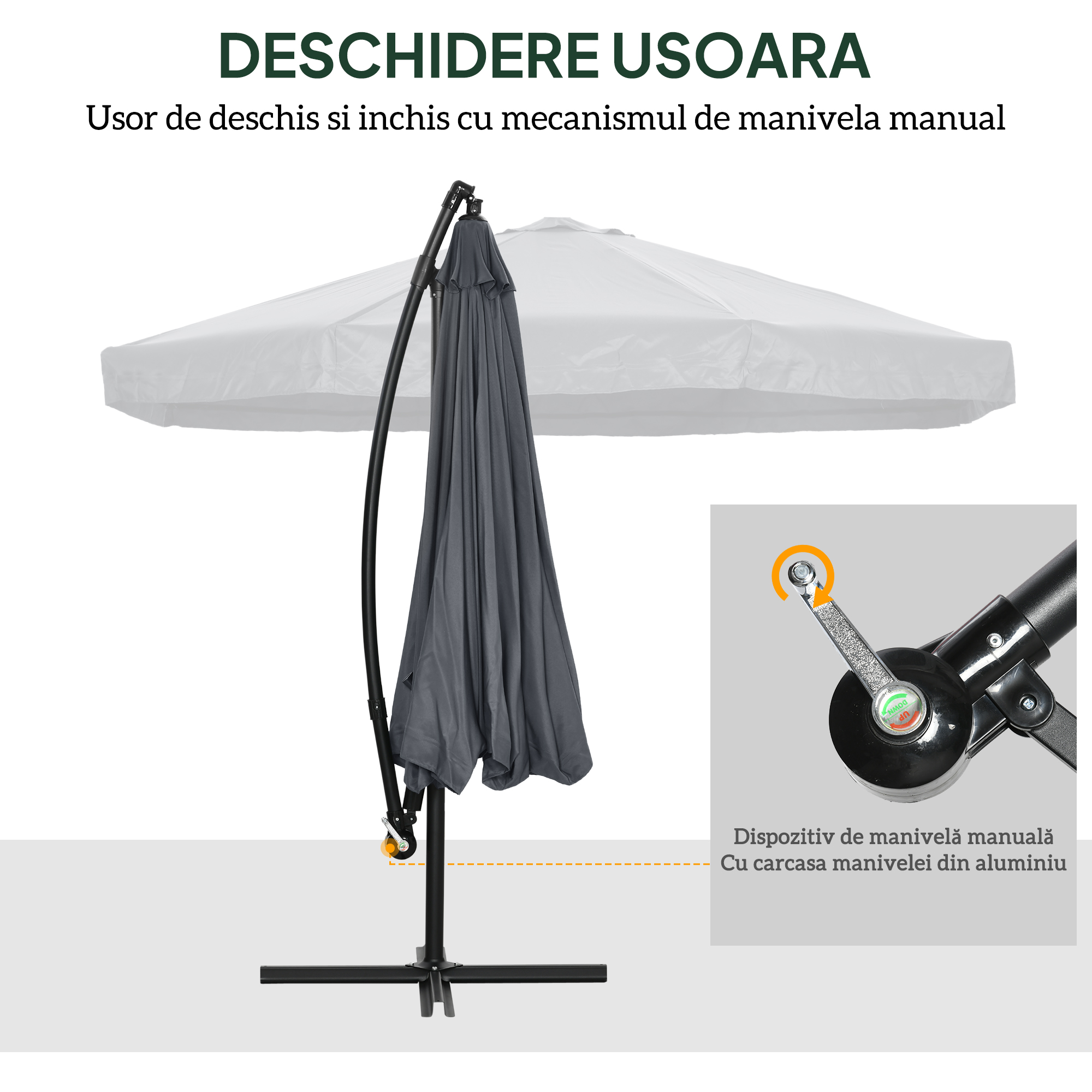  Umbrela de Soare cu Plasa de tantari, Deschidere cu Manivela si Baza Transversala, 295x295x240 cm, Gri [5]