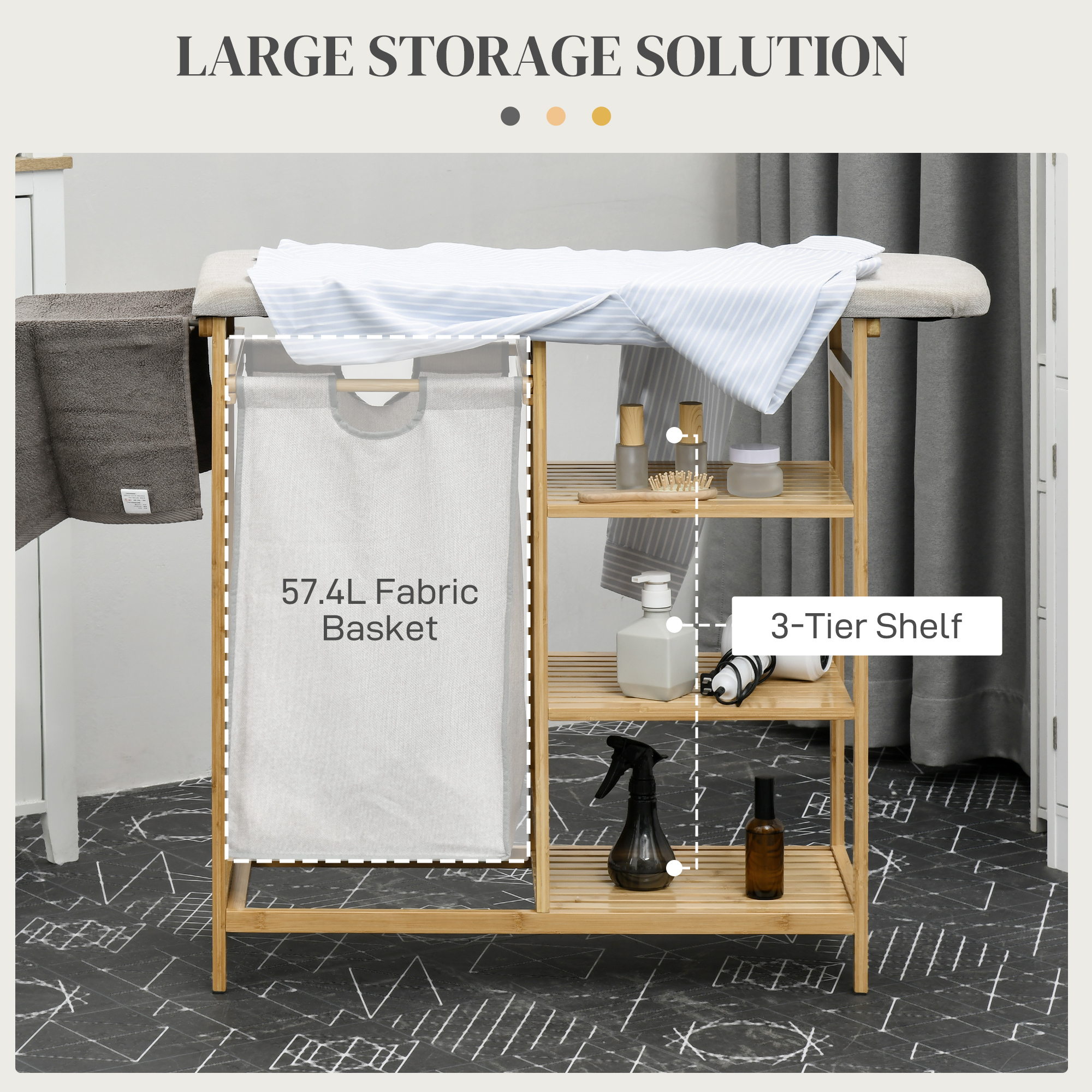  Cos pentru rufe din bambus si poliester cu masa de calcat si raft cu 3 niveluri, 113x34x82 cm [3]