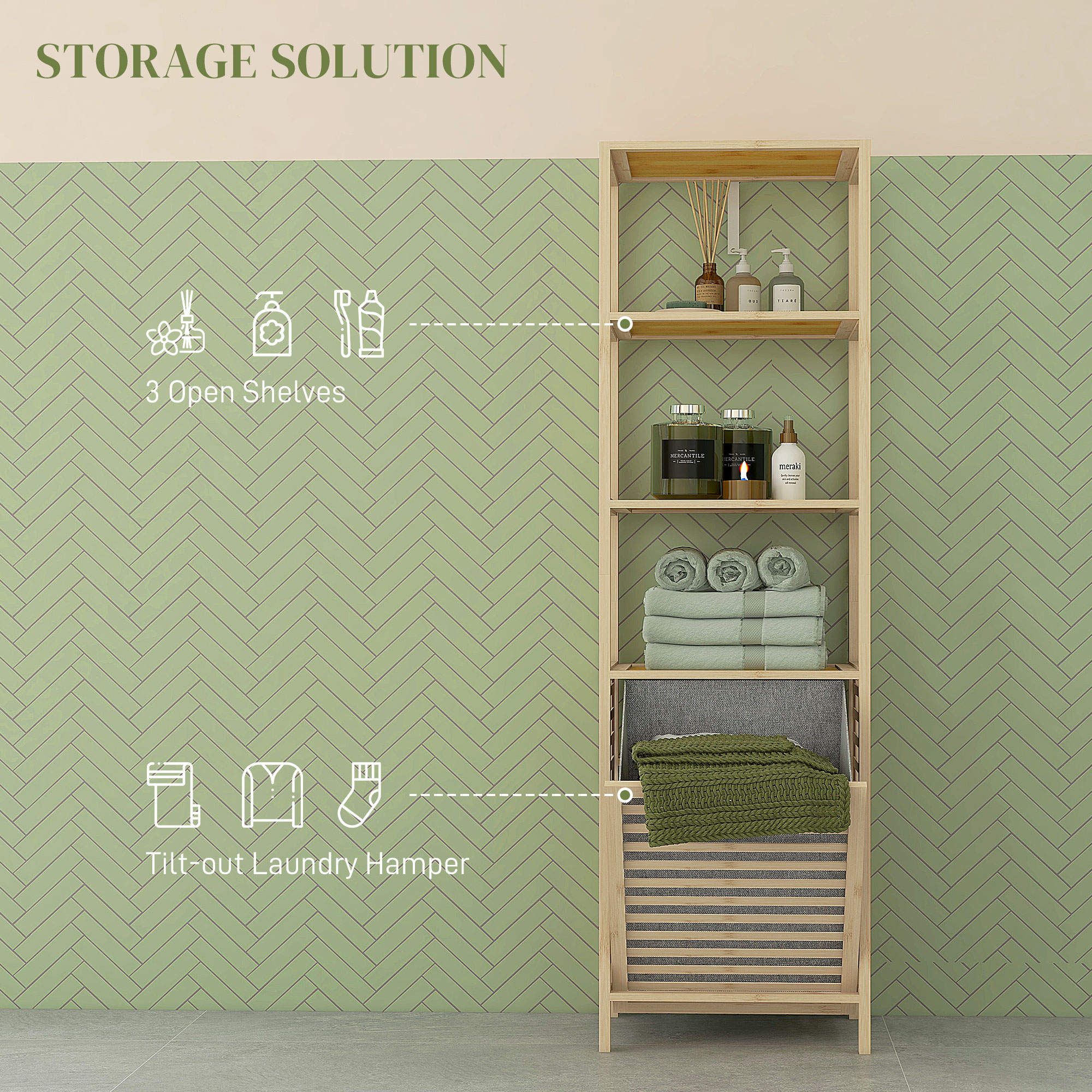  Coloana de baie cu 3 rafturi din lemn de bambus si cos de rufe din material textil, 44x33x160cm [3]