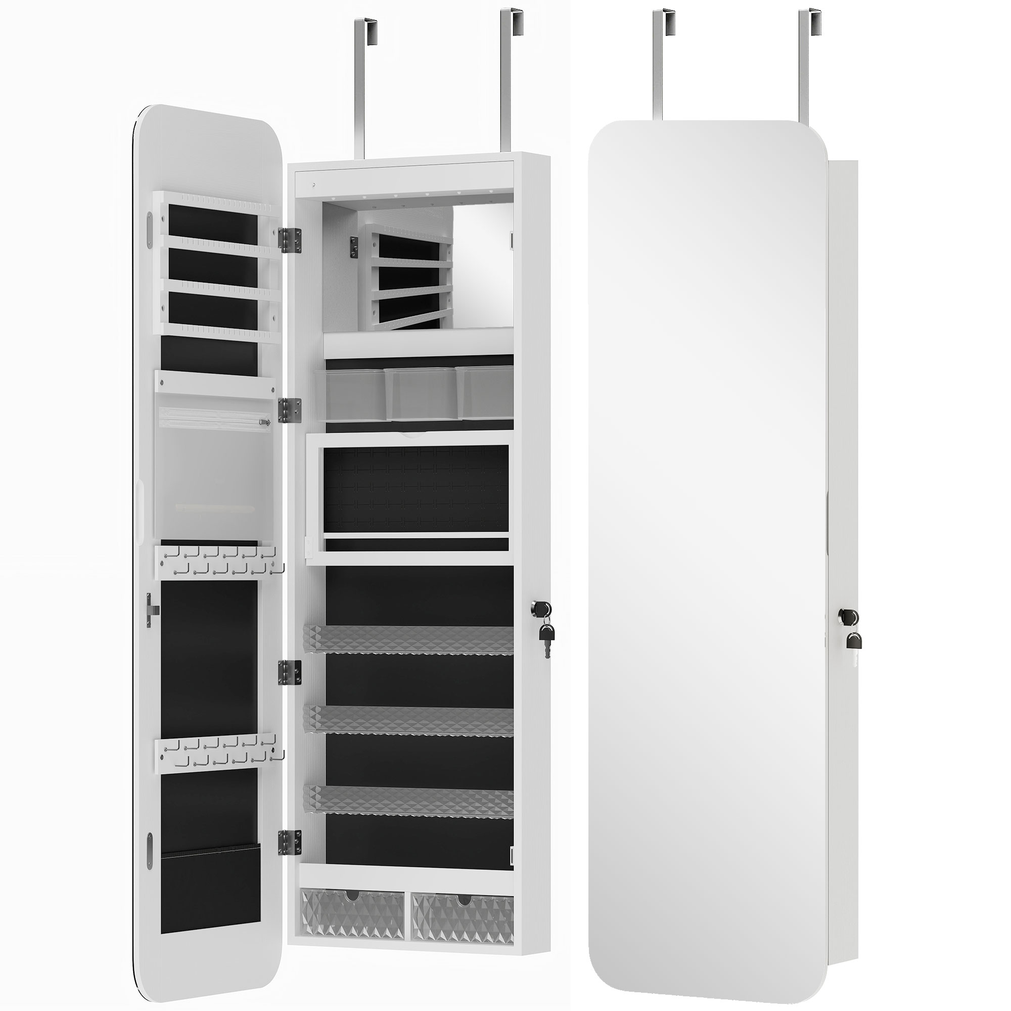 Dormitor & birou -  Dulap pentru Bijuterii Montat pe Perete cu Oglinda Interna si LED-uri, inaltime 120 cm, Economisire Spatiu pentru Usa, cu Sertare, incuietoare si Cheie, Raft Pliabil, Alb si Negru