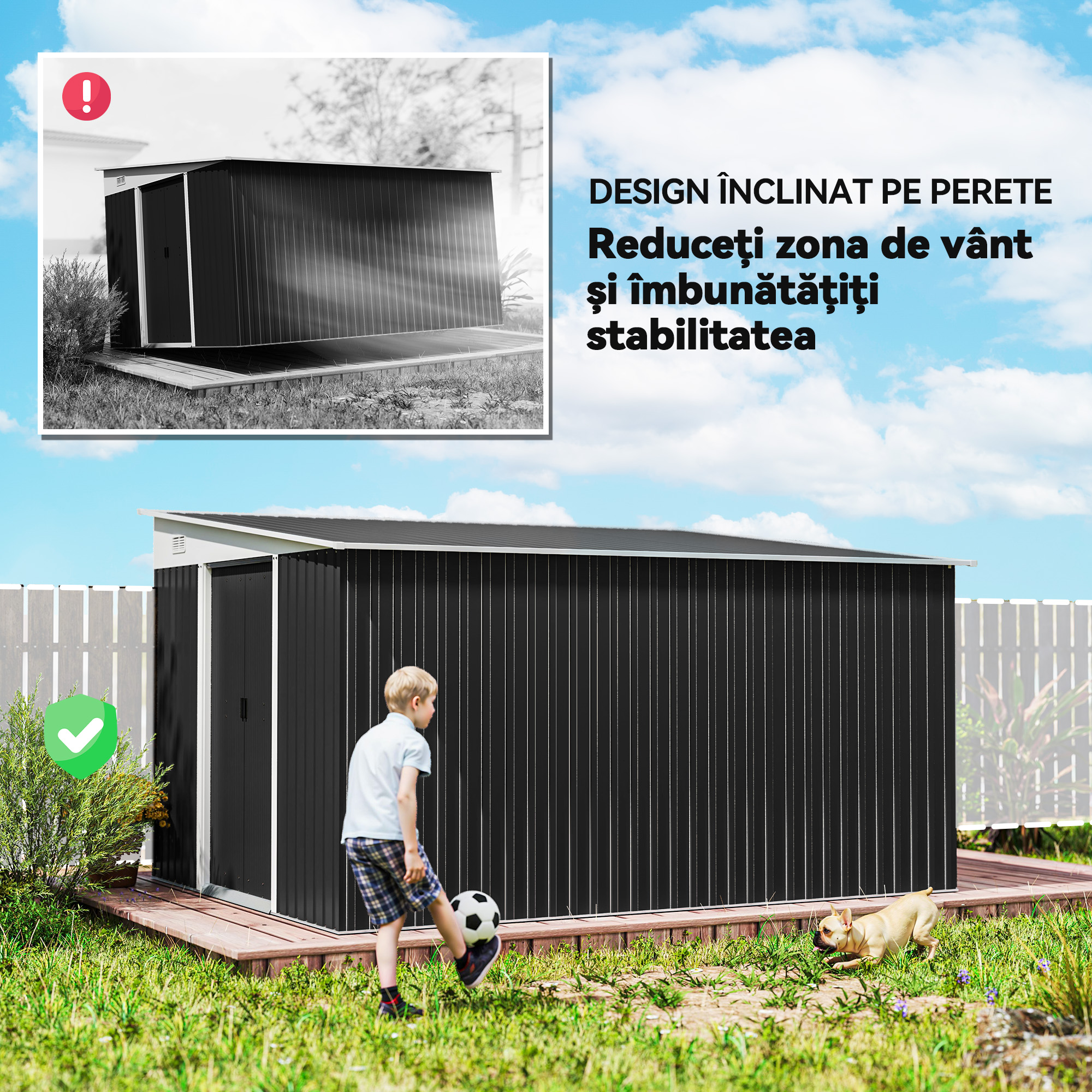 Magazie de Gradina  cu Usa Glisanta si Orificii de Aerisire, din Otel Galvanizat, 345x280.5x169-201 cm, Negru [6]