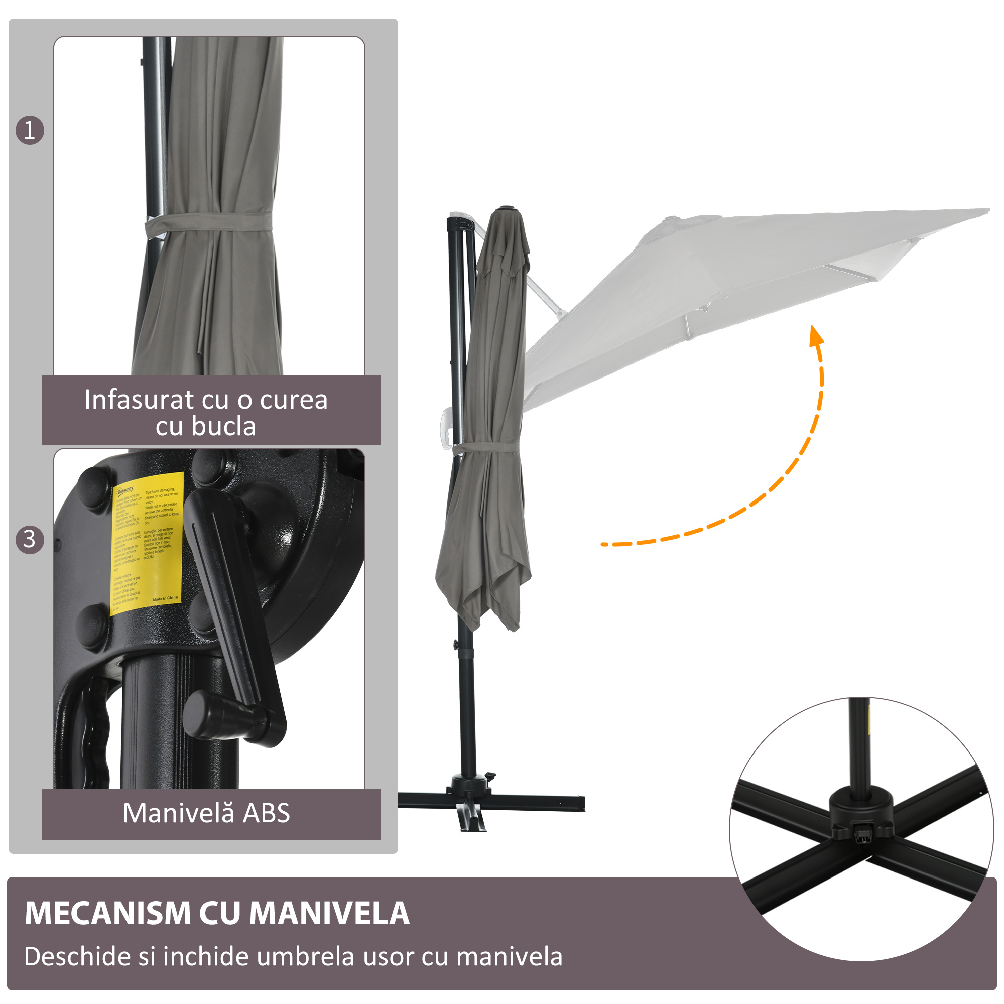  Umbrela de gradina cu manivela 2,5x2,5 m, cu rotatie 360° si parasolar reglabil, gri deschis [5]