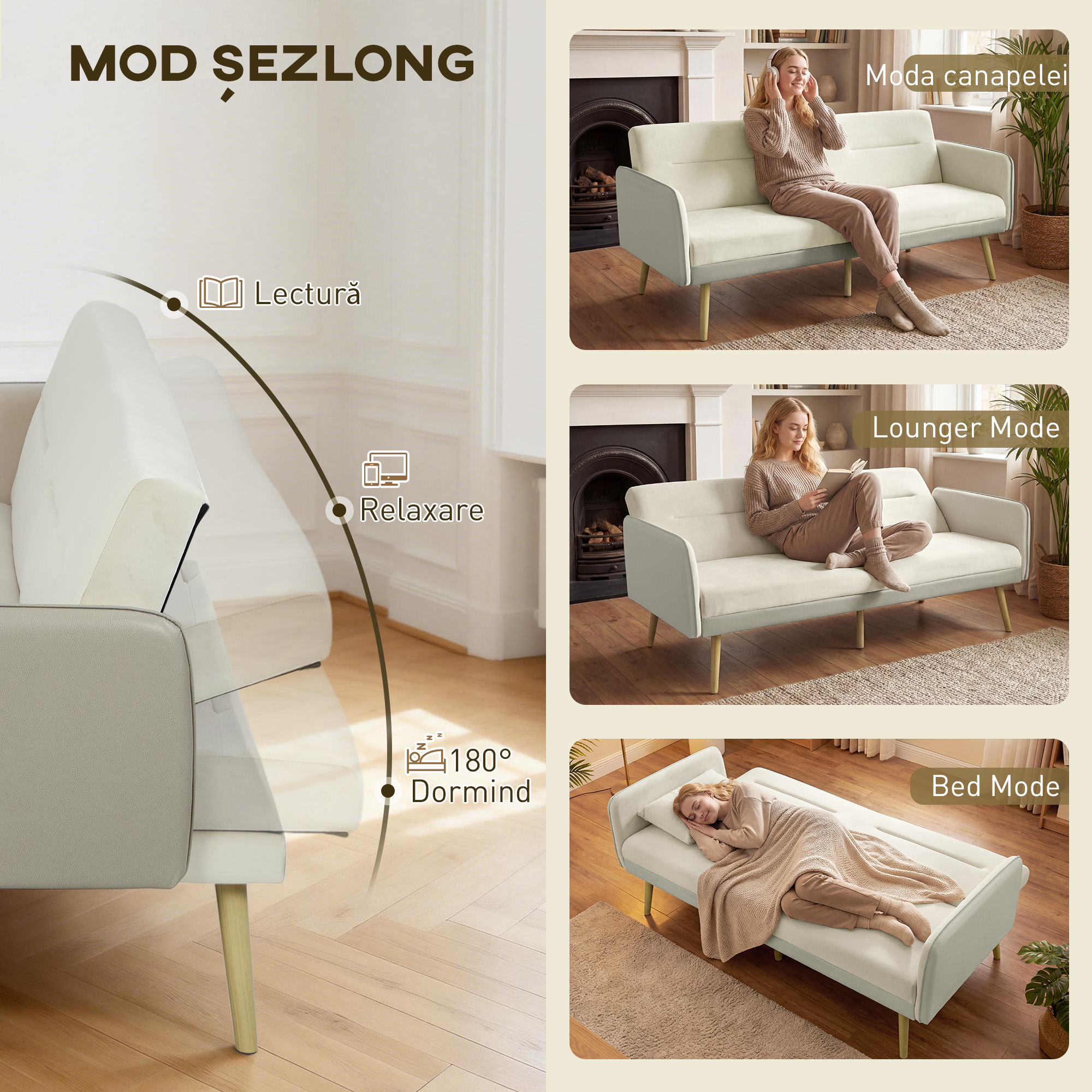  Canapea extensibila 3 locuri cu spatar rabatabil si tapiterie cu efect de catifea, 185x84x83 cm, bej [4]