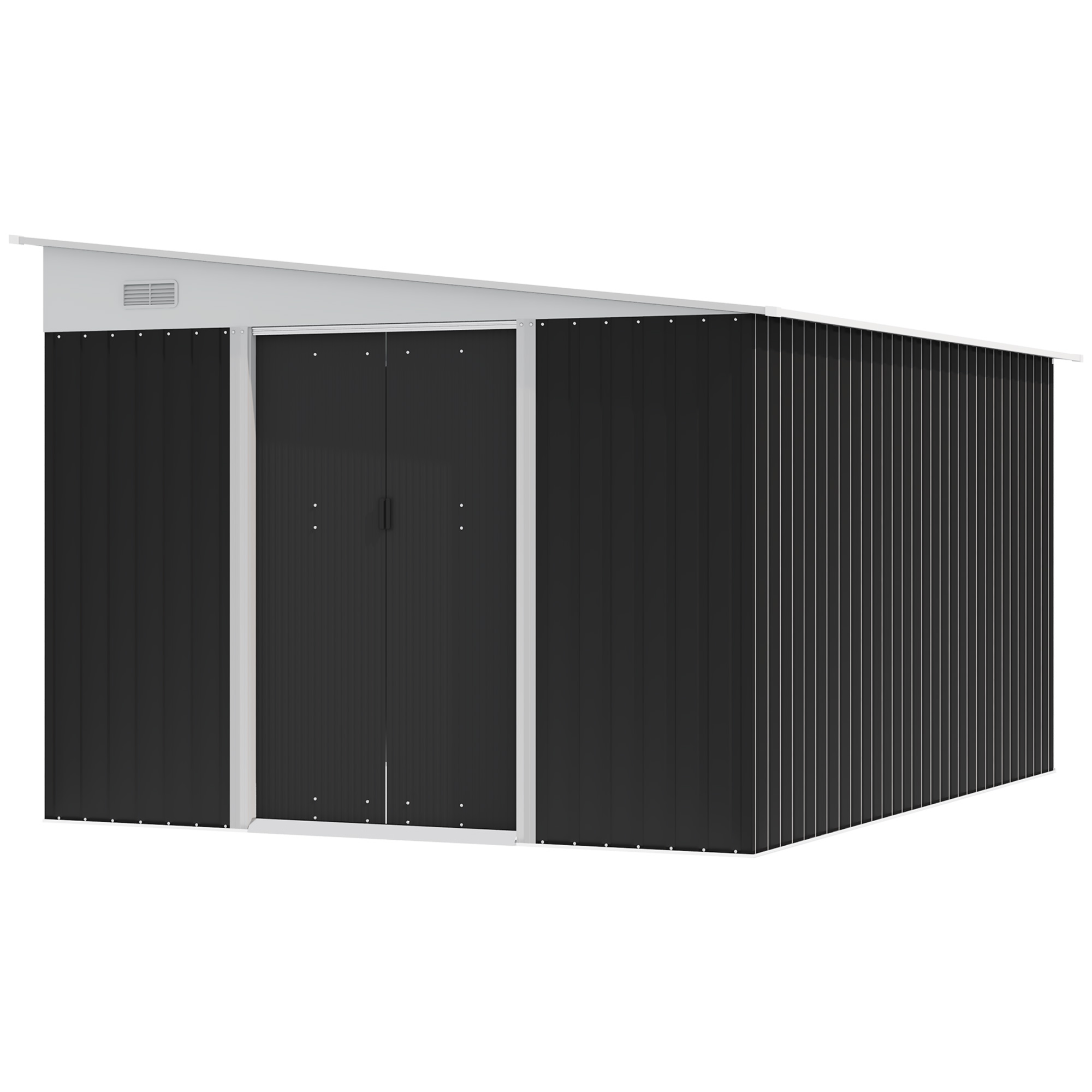 Case de gradina - Magazie de Gradina  cu Usa Glisanta si Orificii de Aerisire, din Otel Galvanizat, 345x280.5x169-201 cm, Negru