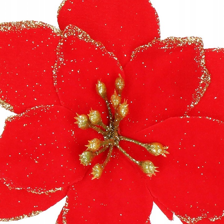 Set 10 ornamente pentru bradul de Craciun, stea Poinsettia, 13cm, rosu cu sclipici [5]