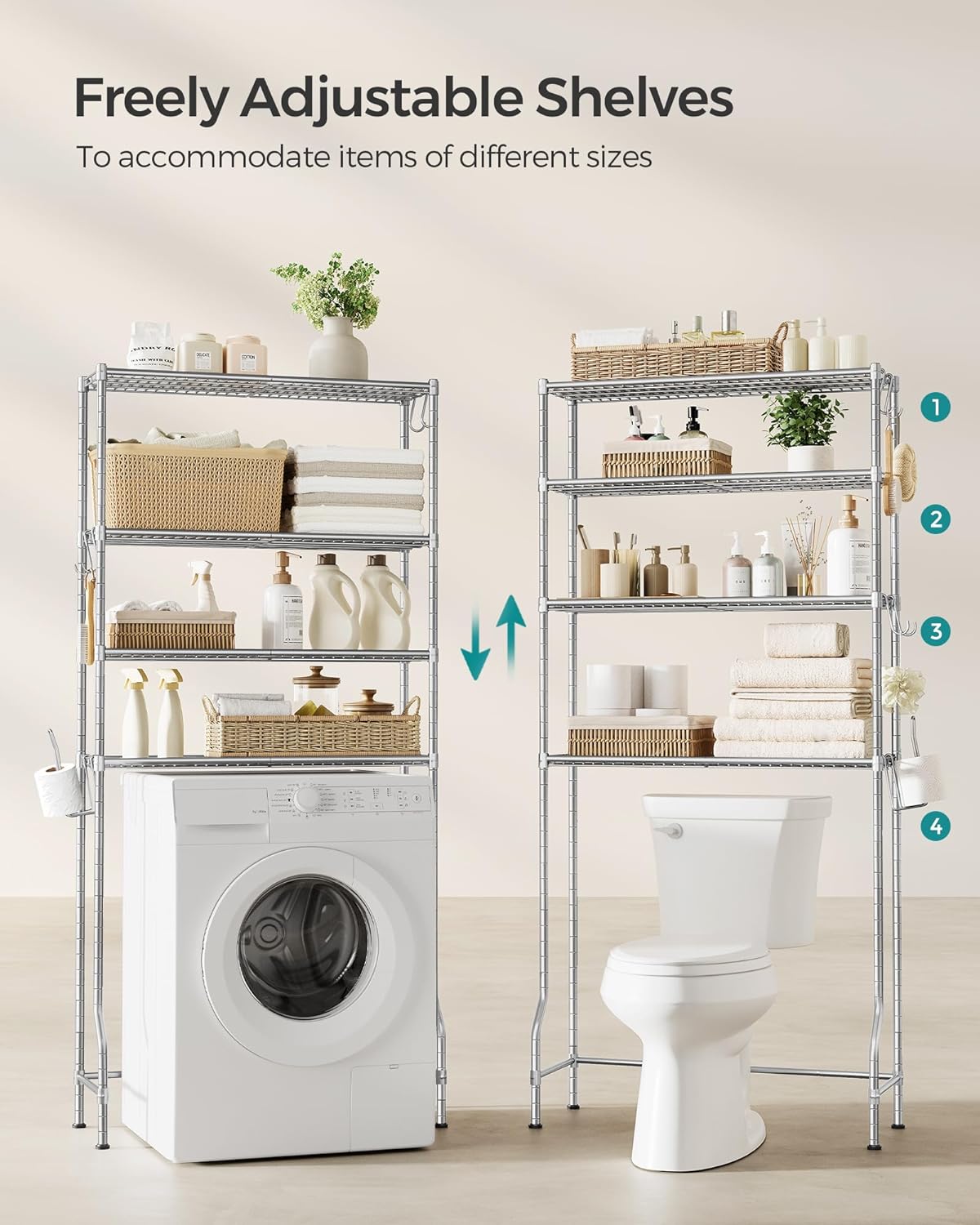 SONGMICS Raft de depozitare pentru baie, suprapunere peste masina spalat sau vas WC, 30x83x176 cm, argintiu [5]