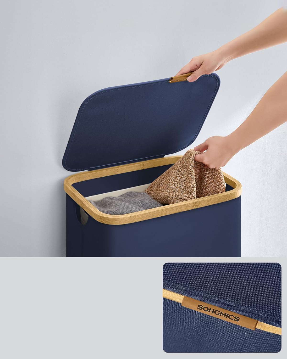 SONGMICS Cos de rufe textil, pliabil, compartiment detasabil, 90L, 42x32x71 cm, albastru [5]