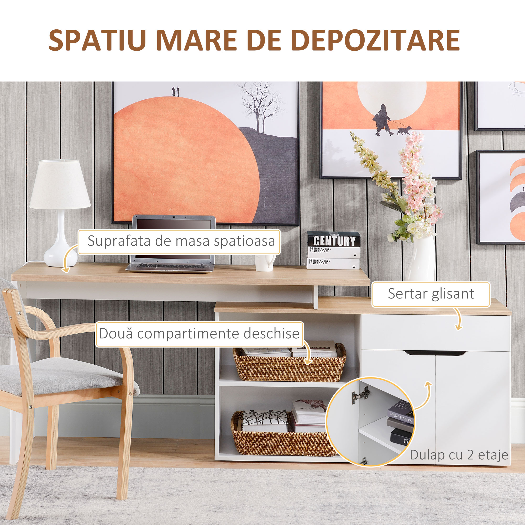  Birou cu Blat Extensibil pentru PC si Biblioteca, 140x117x76 cm, Alb [4]