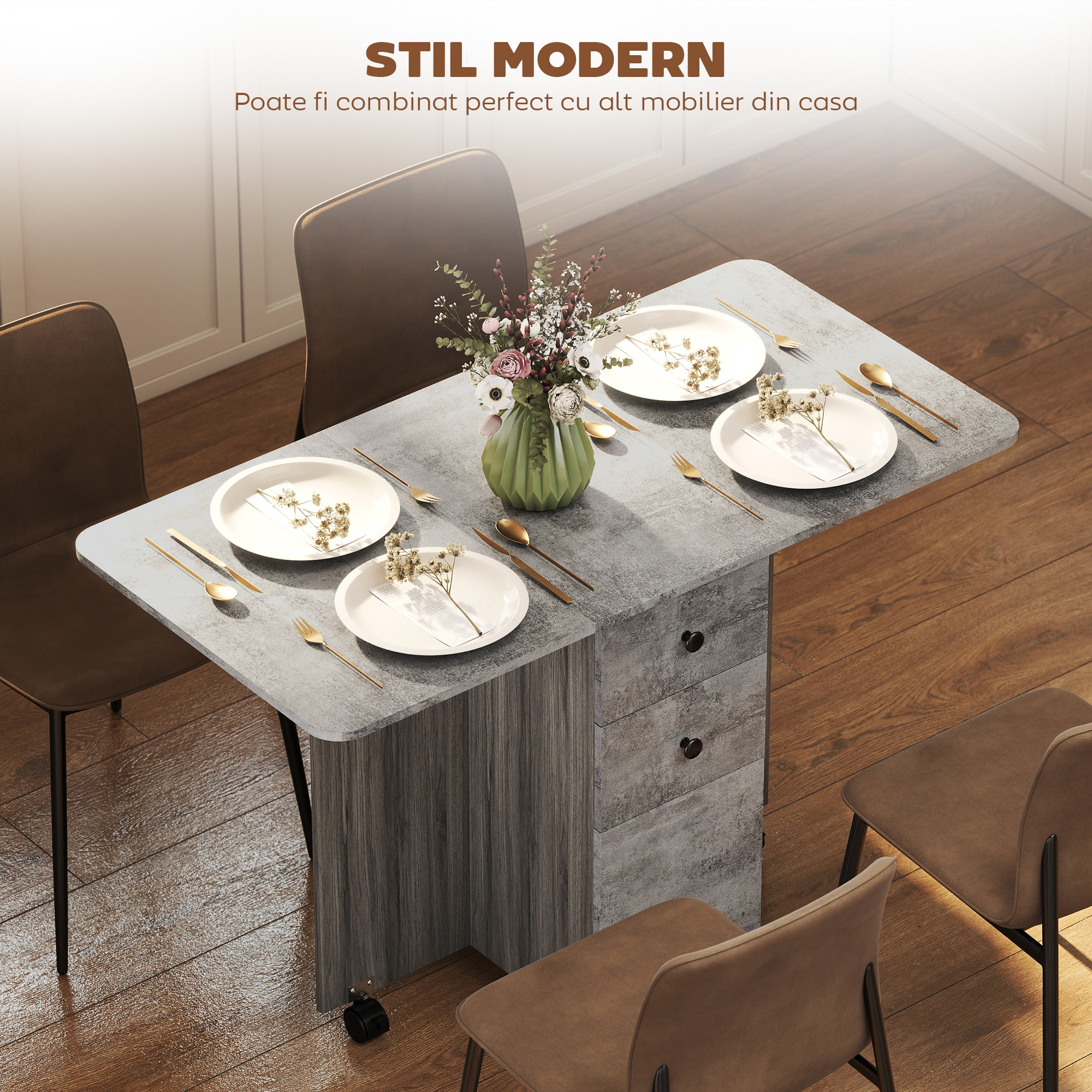  Masa pliabila cu 2 sertare si dulap, 6 roti si frane, 120x60x76,5 cm, gri lemn si piatra [3]