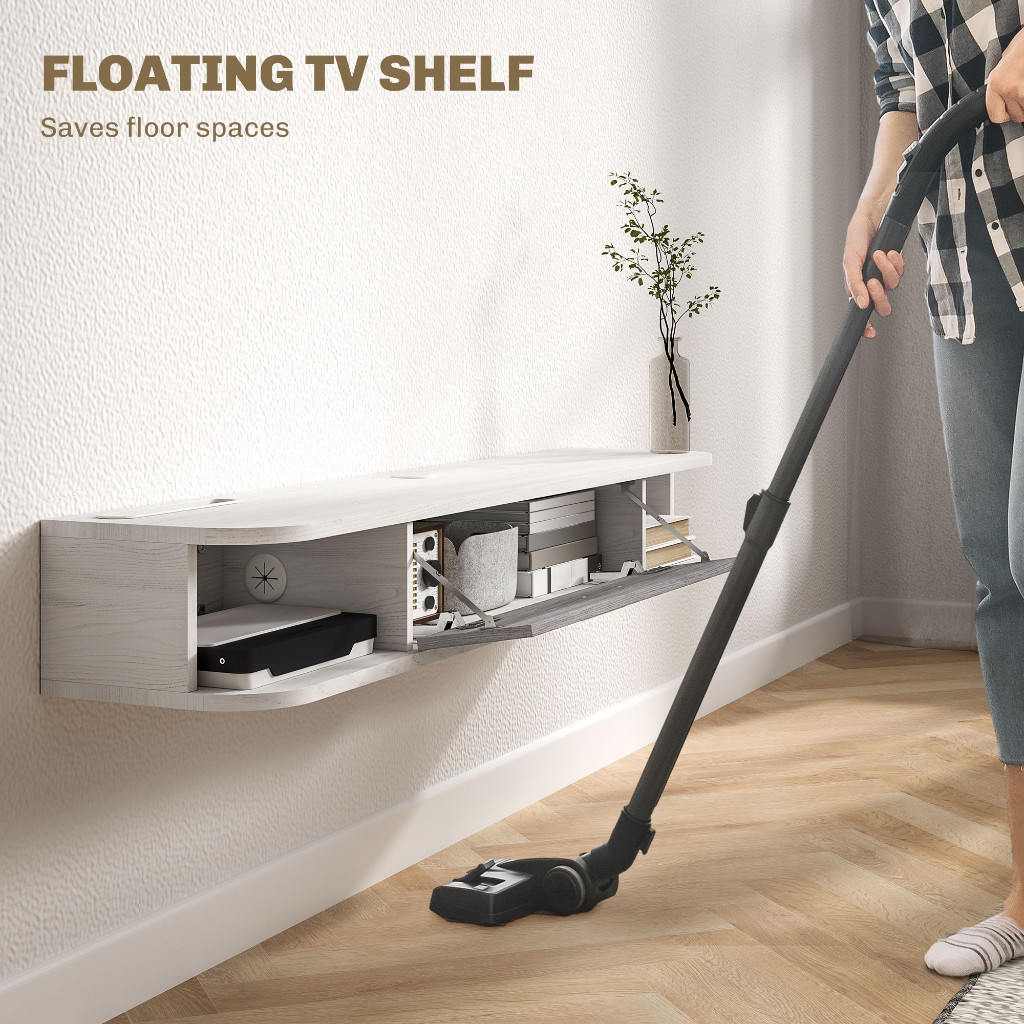  Dulap TV Suspendat din Lemn cu 2 Rafturi Deschise si Dulap, 120x26x16 cm, Alb si Gri [3]