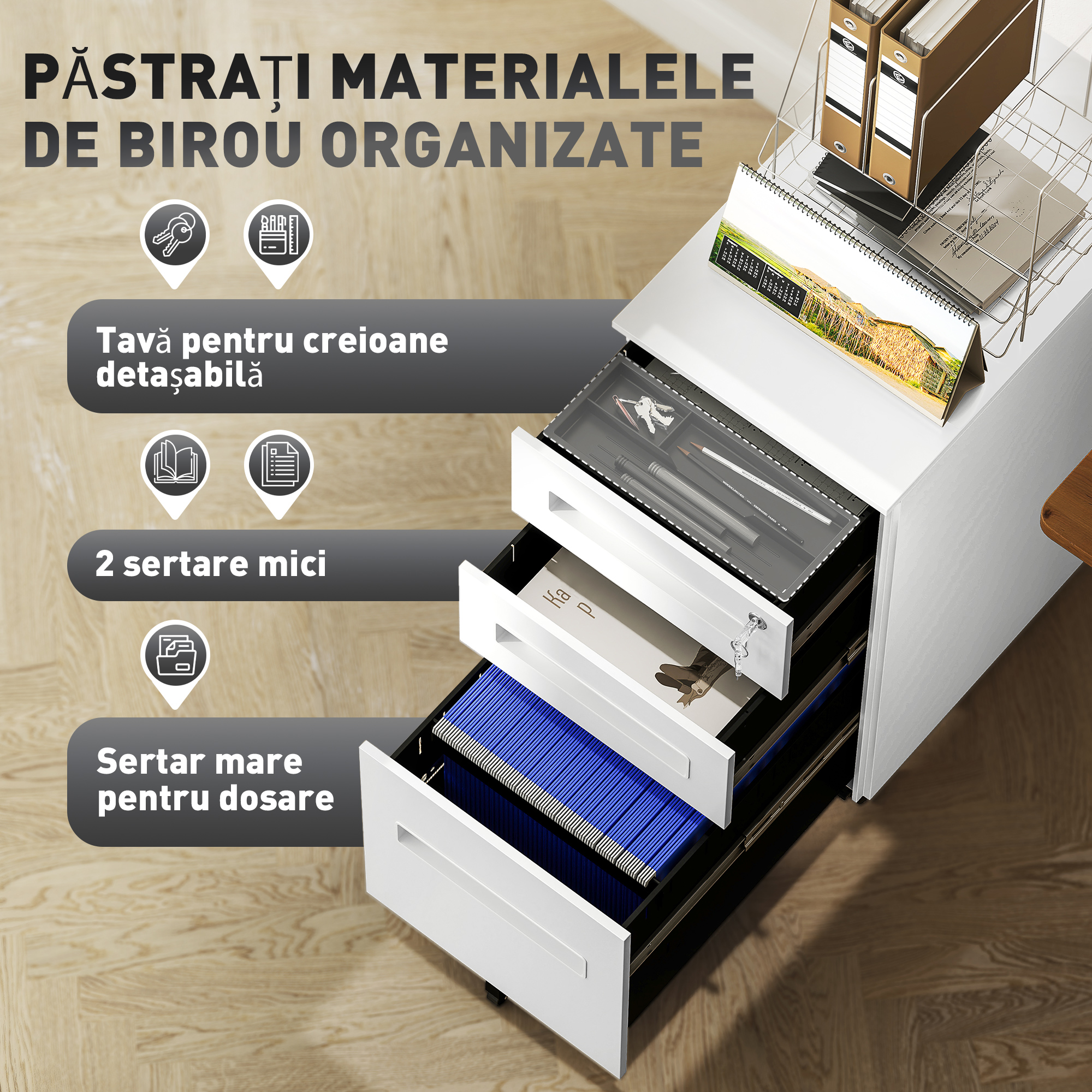  Dulap cu Sertare pentru Birou cu 5 Roti, 3 Sertare cu incuietoare si Chei, 30x43.5x60 cm, Alb [3]