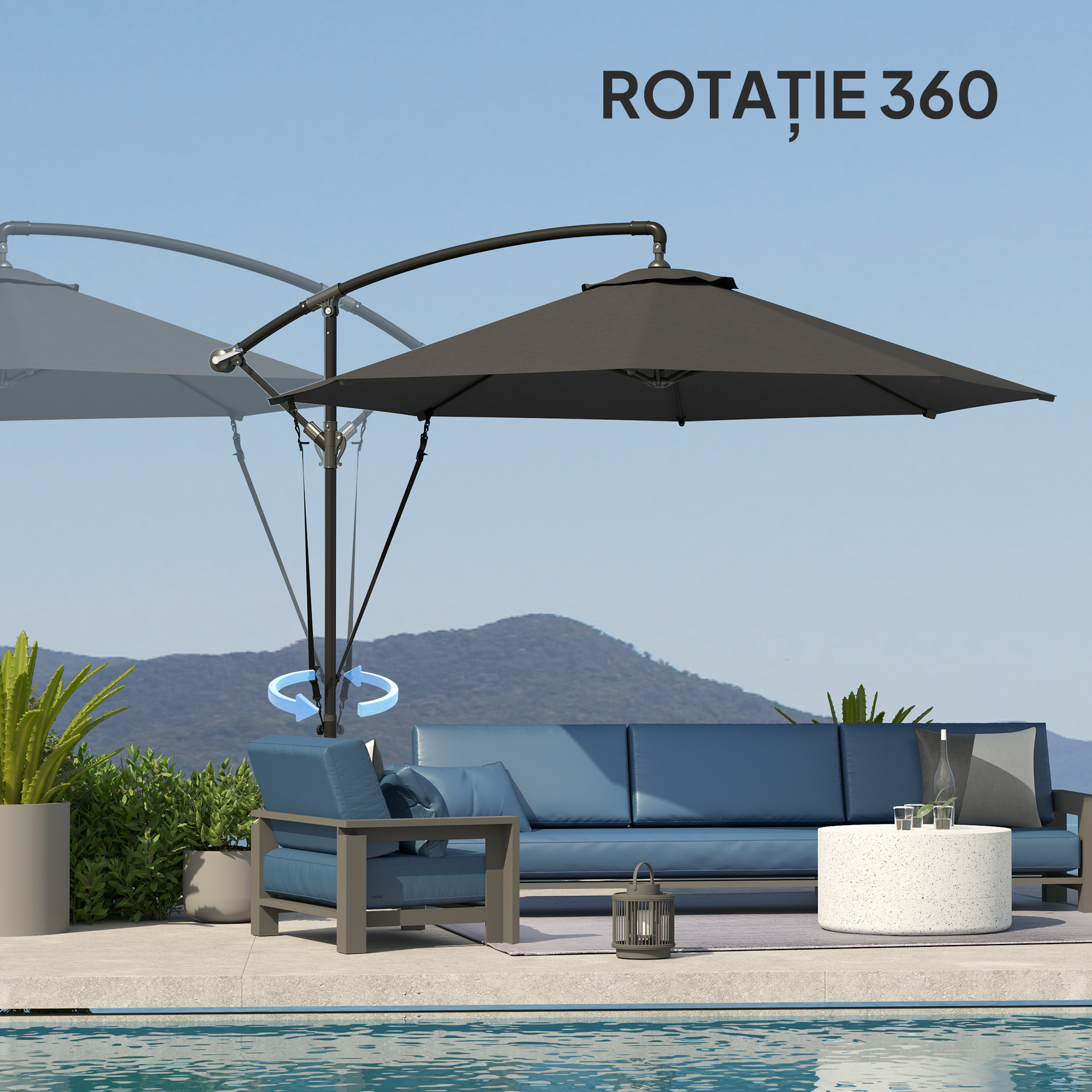  Umbrela de Gradina Rotunda Inclinabila si Rotativa, Manivela si Protectie UPF 50+, Ø3 m, Gri inchis [6]