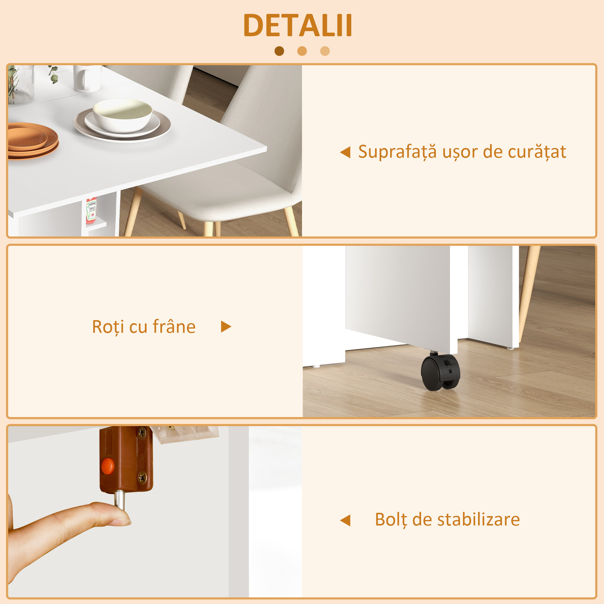  Masa Pliabila Compacta cu 2 Extensii pentru 6 Persoane, cu Rafturi si Roti, Alba [4]