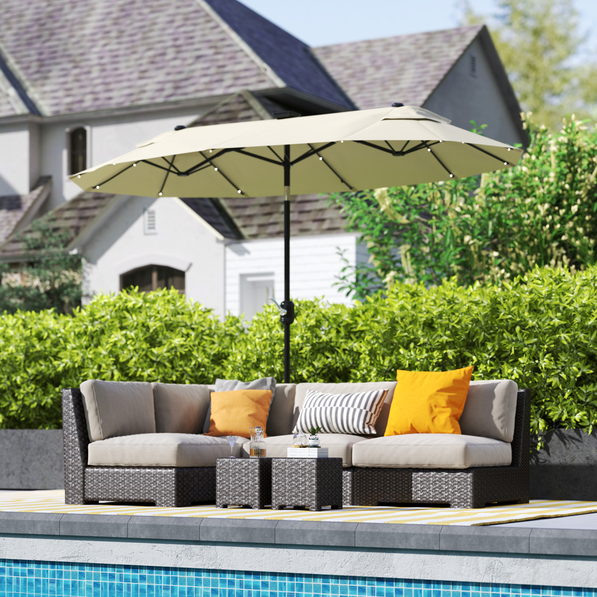  Umbrela Dubla cu Lumini LED si Baza in Forma de Cruce, din Poliester si Otel, 295x150x219 cm, Alb Crem [7]