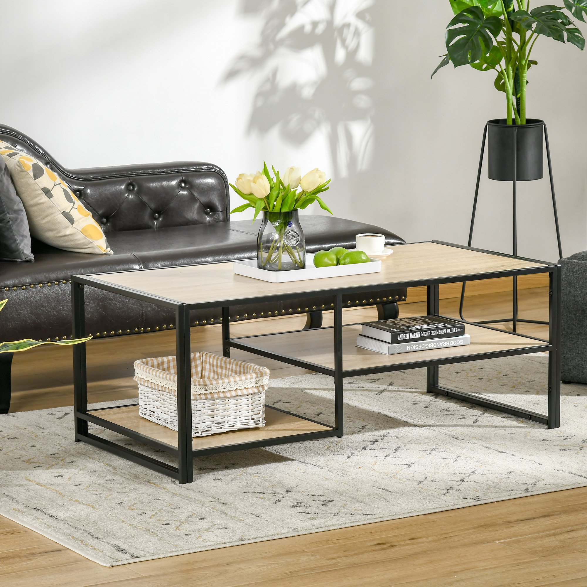  Masuta de Cafea Stil Industrial cu 3 Etajere, din MDF si Otel, 120x60x46cm - Lemn [3]