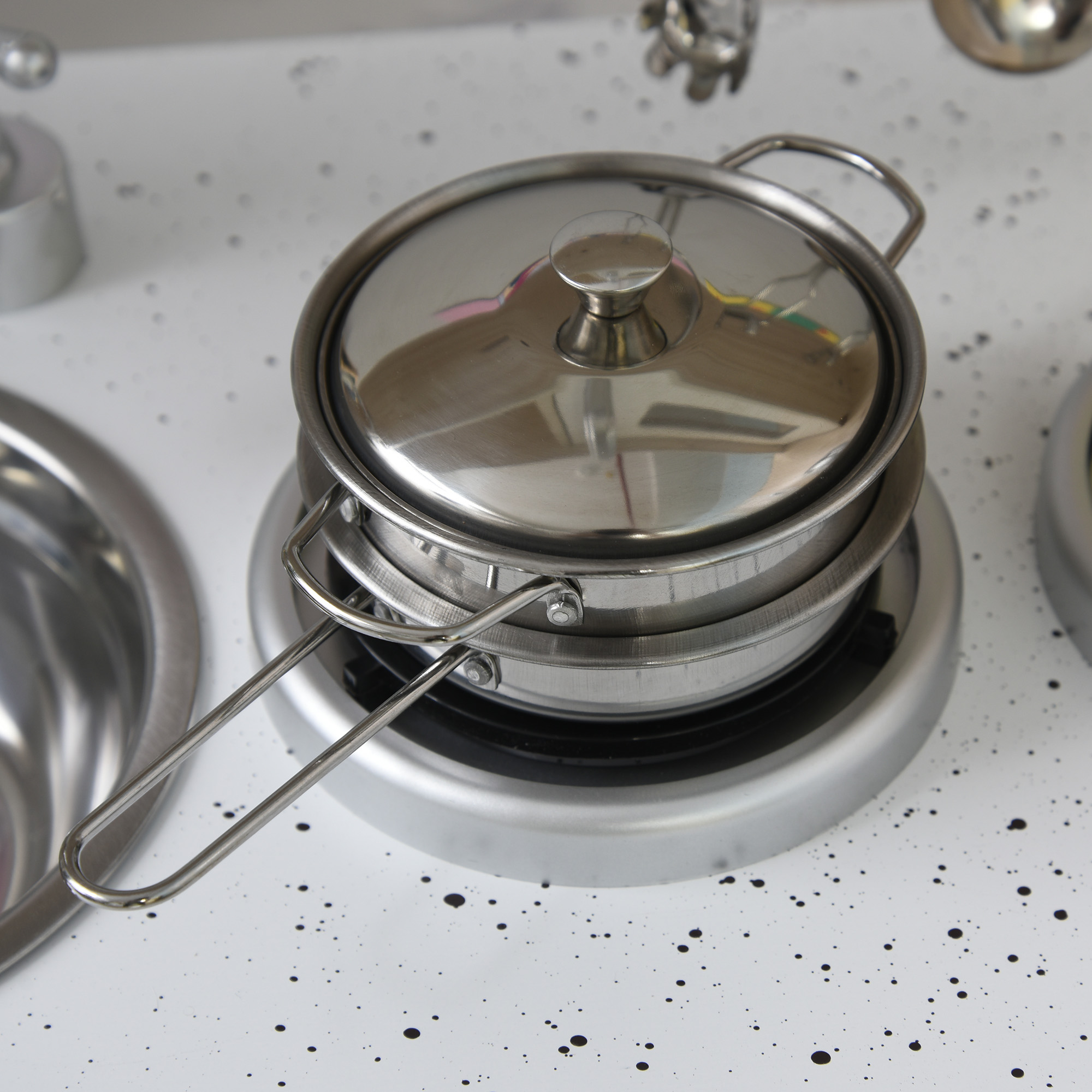  Bucatarie Jucarie din Lemn pentru Copii, cu Oale si Ustensile din Otel [8]