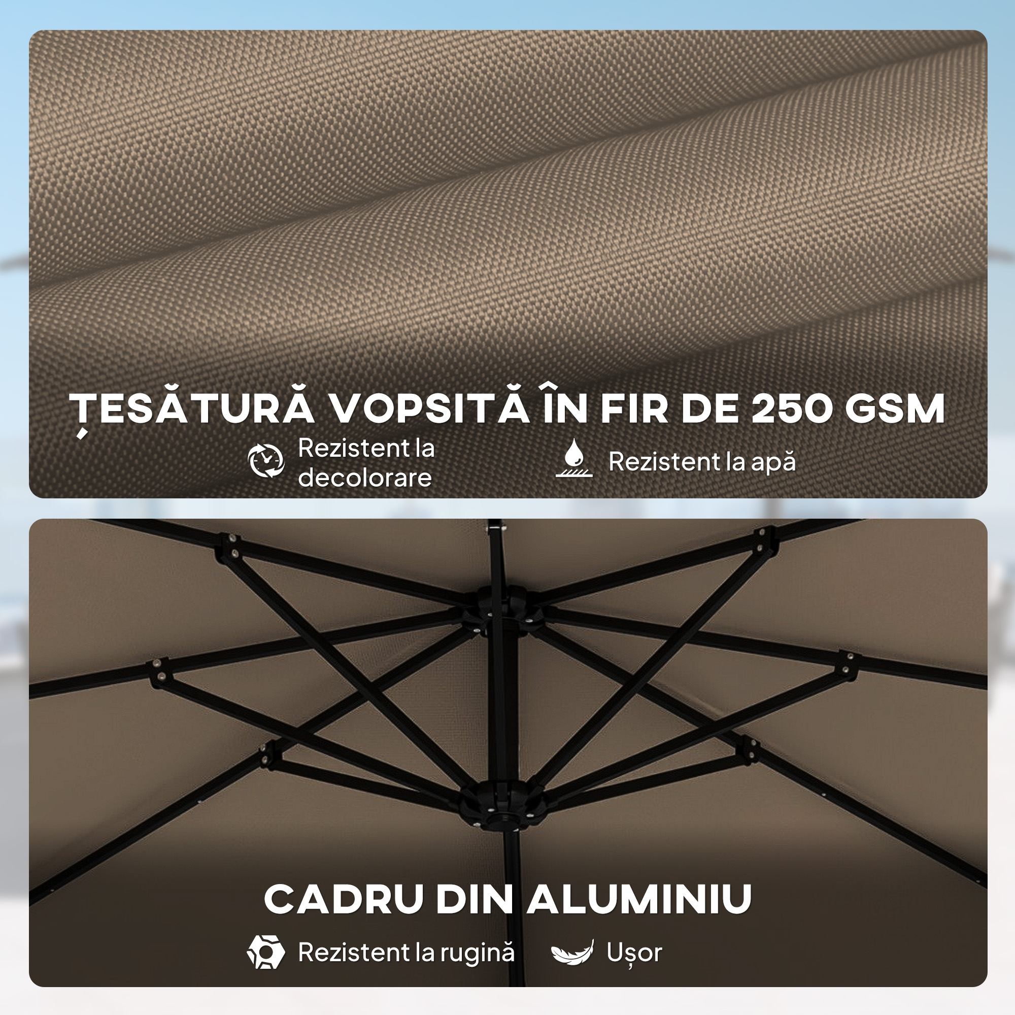  Umbrela de Gradina 3x3m Decentralizata cu Baza in Forma de Cruce si Acoperis, din Aluminiu, Kaki [4]