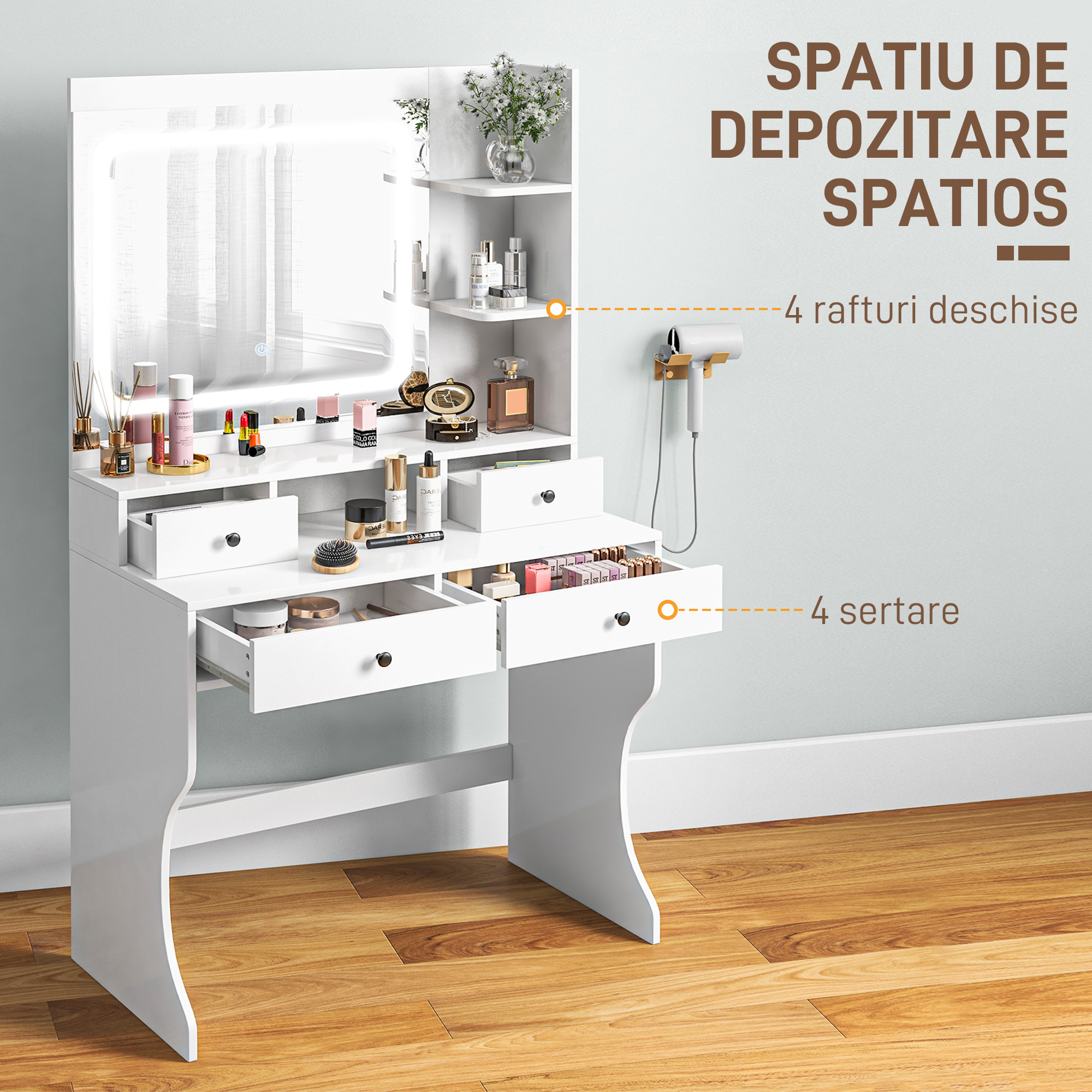  Masa de Toaleta cu Oglinda Iluminata LED, Masa de Machiaj cu Statie de incarcare, 4 sertare si rafturi de depozitare, 90x45x160 cm, Alb [5]