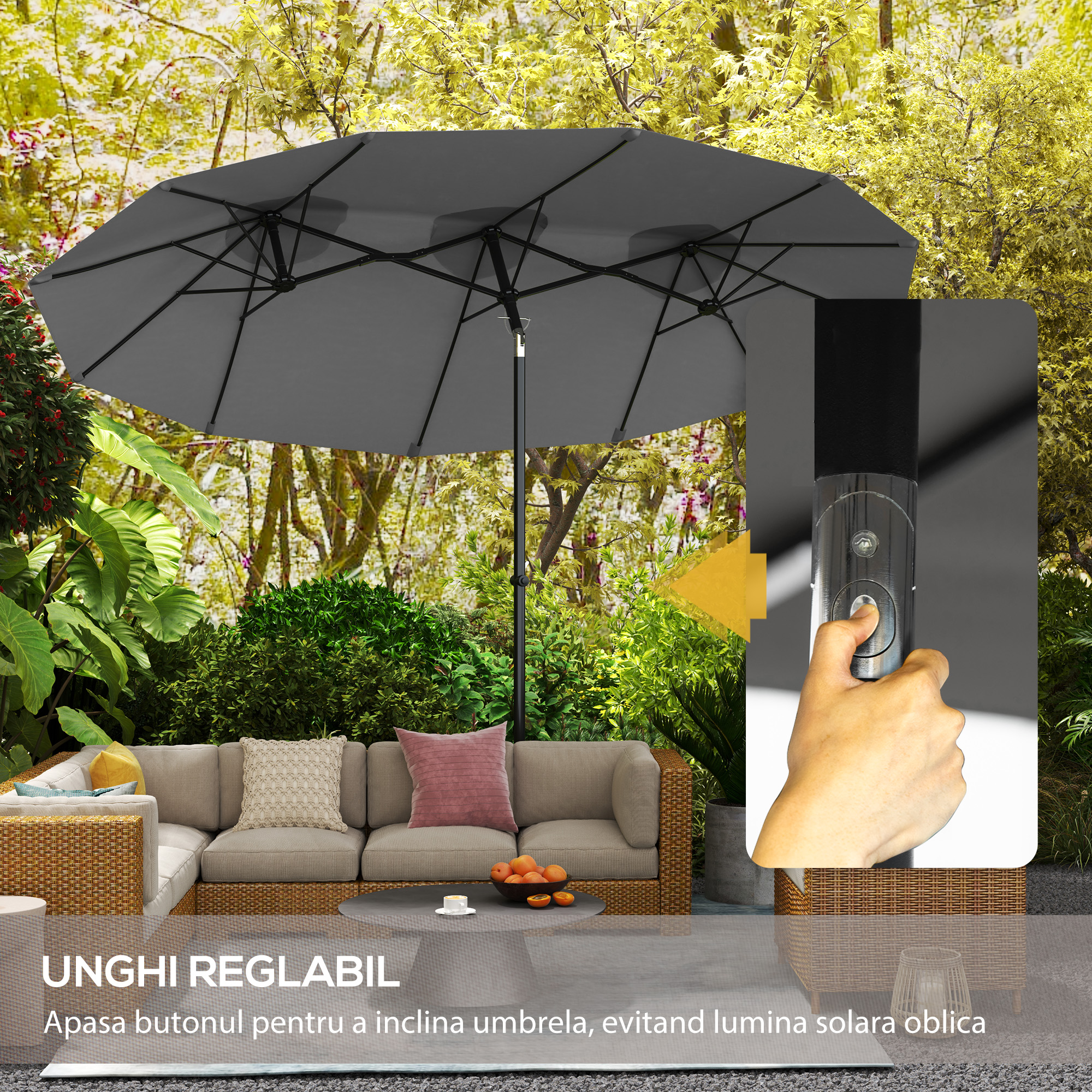  Umbrela de Gradina Dubla inclinabila 45°, cu Manivela si 3 Orificii de Ventilatie, 295x152x222 cm, Gri [3]