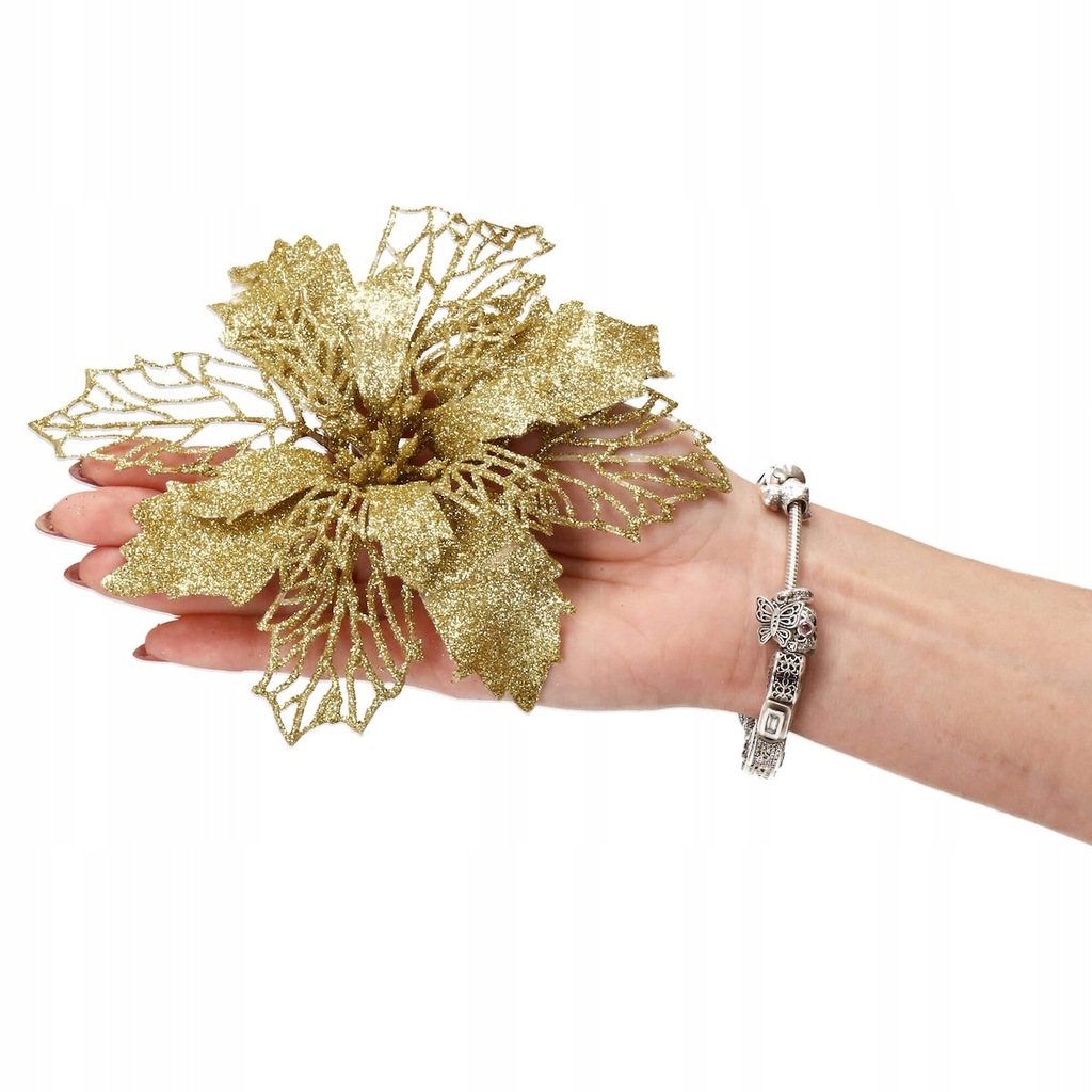 Set 10 ornamente pentru bradul de Craciun, stea Poinsettia, 16cm, galben auriu [6]