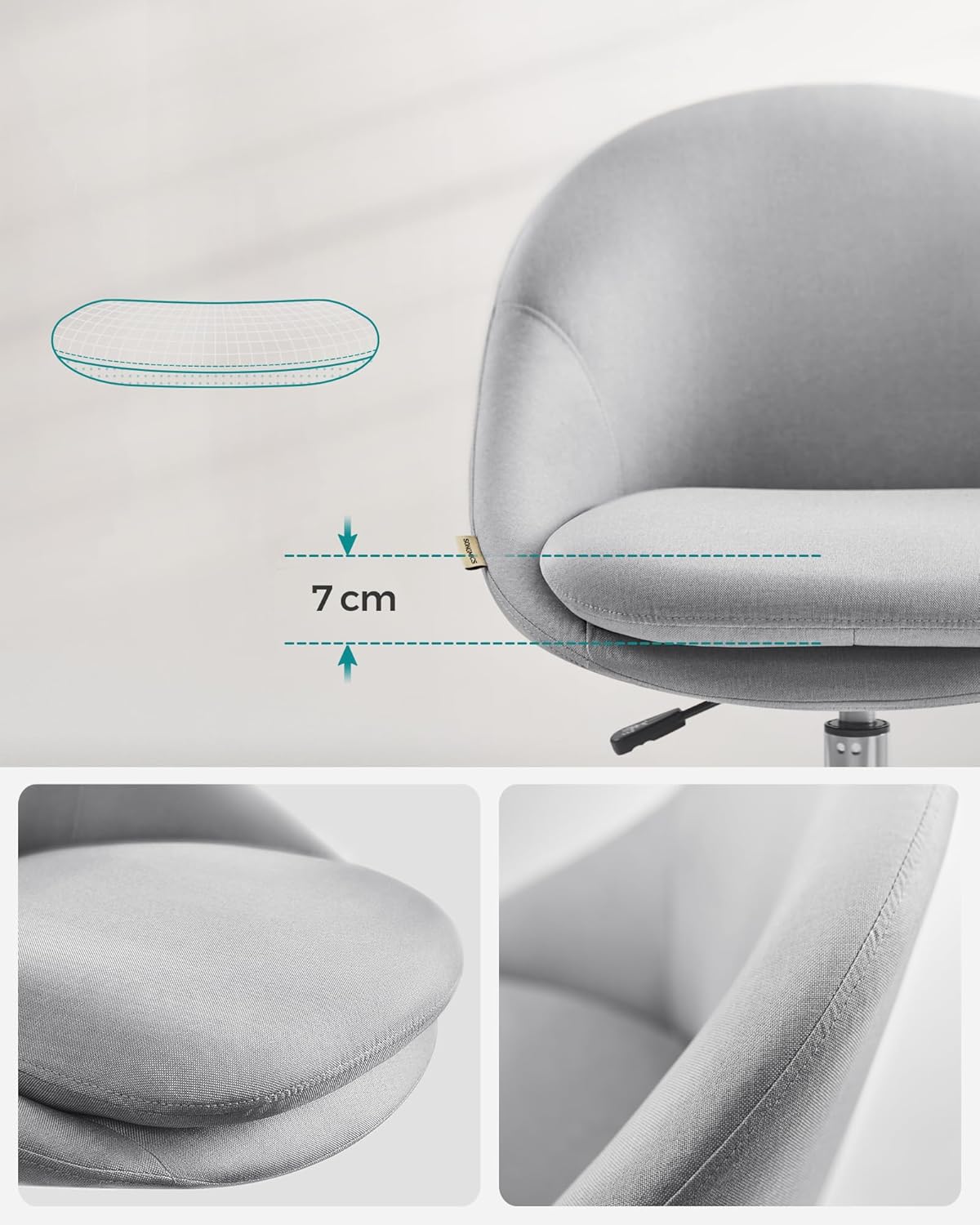 SONGMICS Scaun de birou ergonomic, inaltime reglabila, 60x60x(80-90) cm, gri [6]