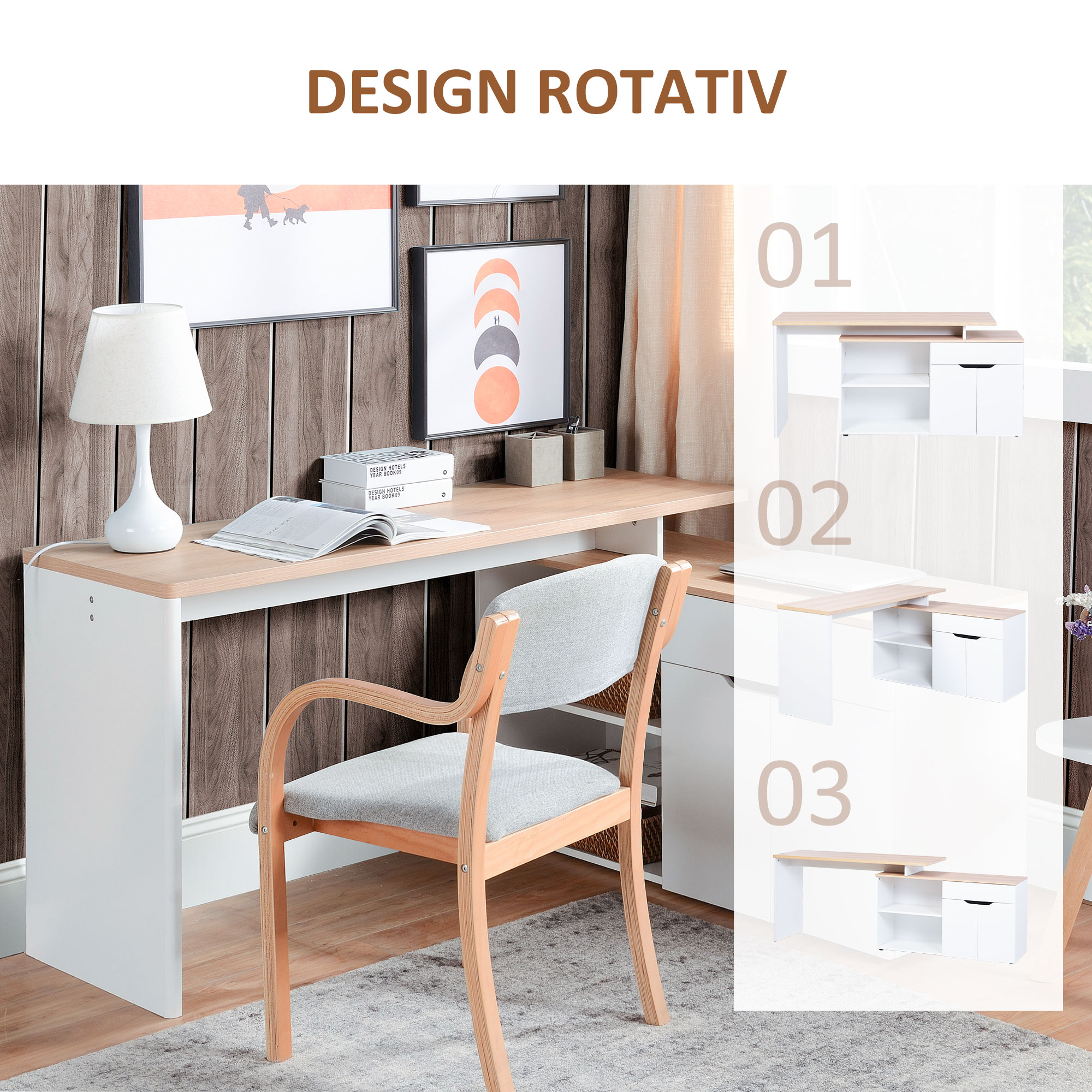  Birou cu Blat Extensibil pentru PC si Biblioteca, 140x117x76 cm, Alb [3]