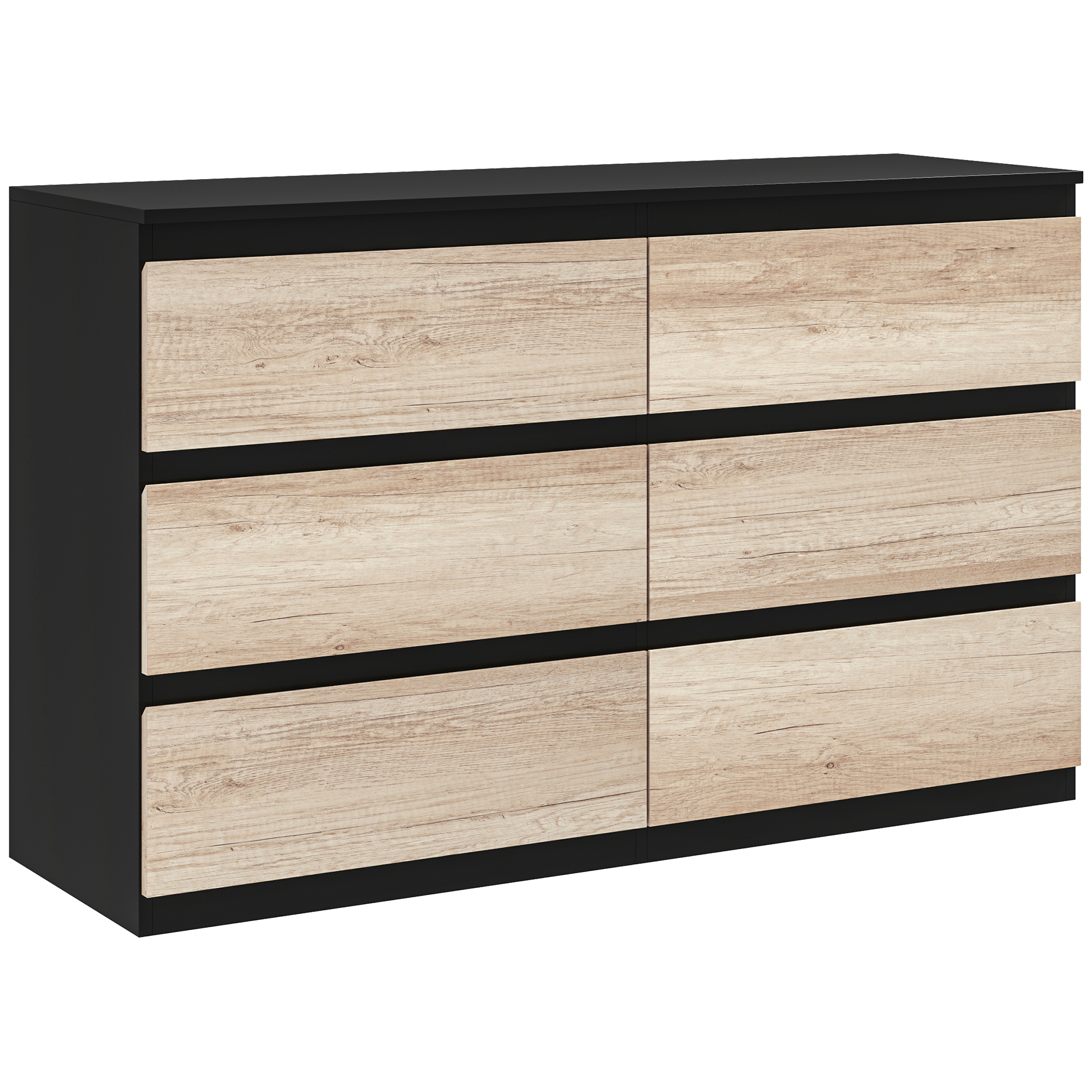 Living & hol -  Comoda cu 6 Sertare pentru Dormitor din Lemn cu sine Metalice, 120x39x75 cm, Neagra si de Culoarea Lemnului