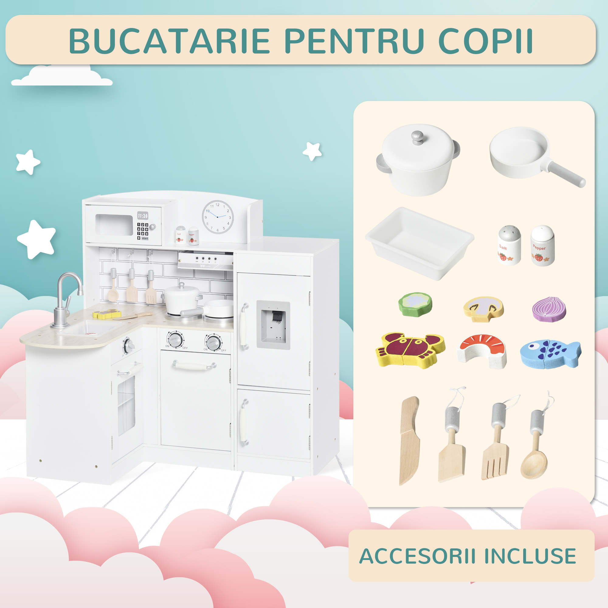  Bucatarie Jucarie Lemn - Accesorii Incluse, Chiuveta & Frigider [4]