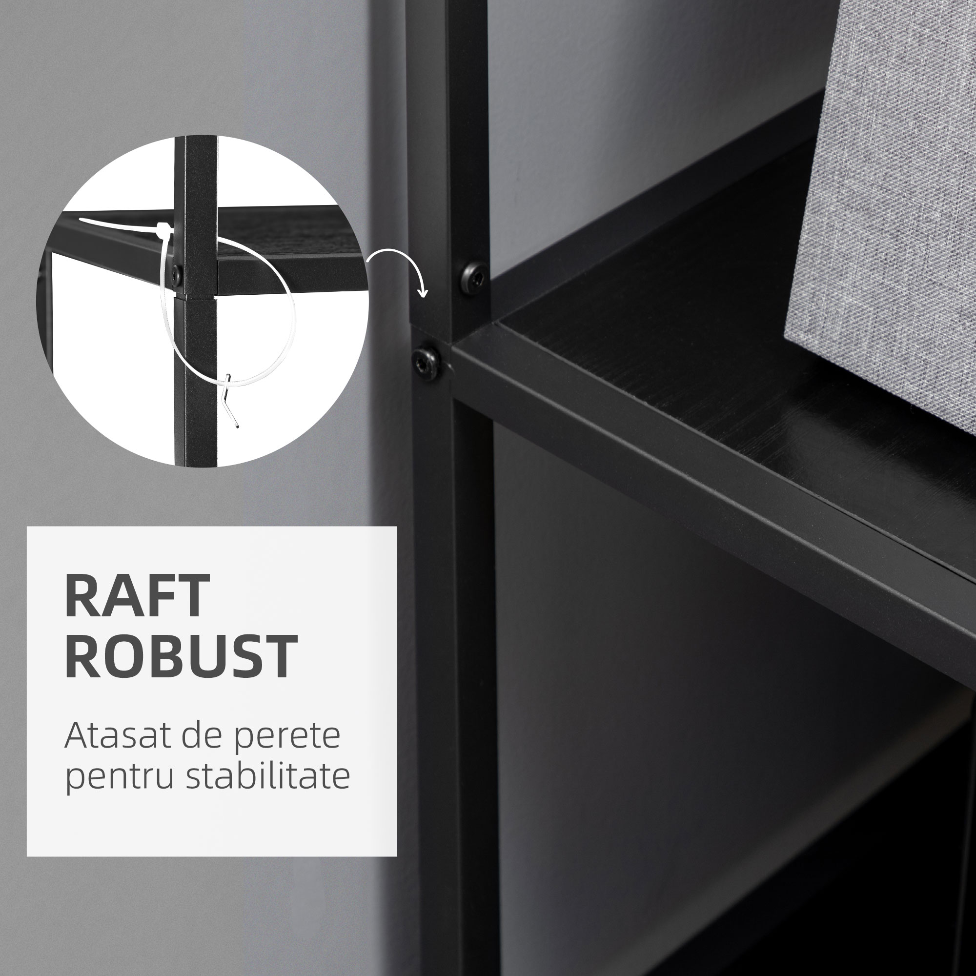  Biblioteca cu 7 nivele din PAL si otel pentru sufragerie, dormitor si birou, 83x34x180 cm, negru [5]