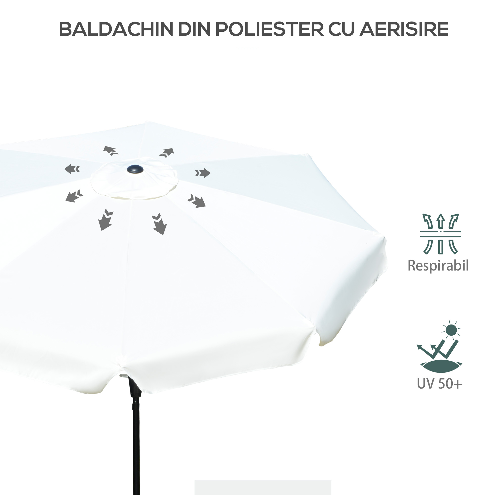  Umbrela Rotunda inclinabila, cu Manivela, din Aluminiu, Metal si Poliester, Ø266x248,5 cm, Alb Crem [5]