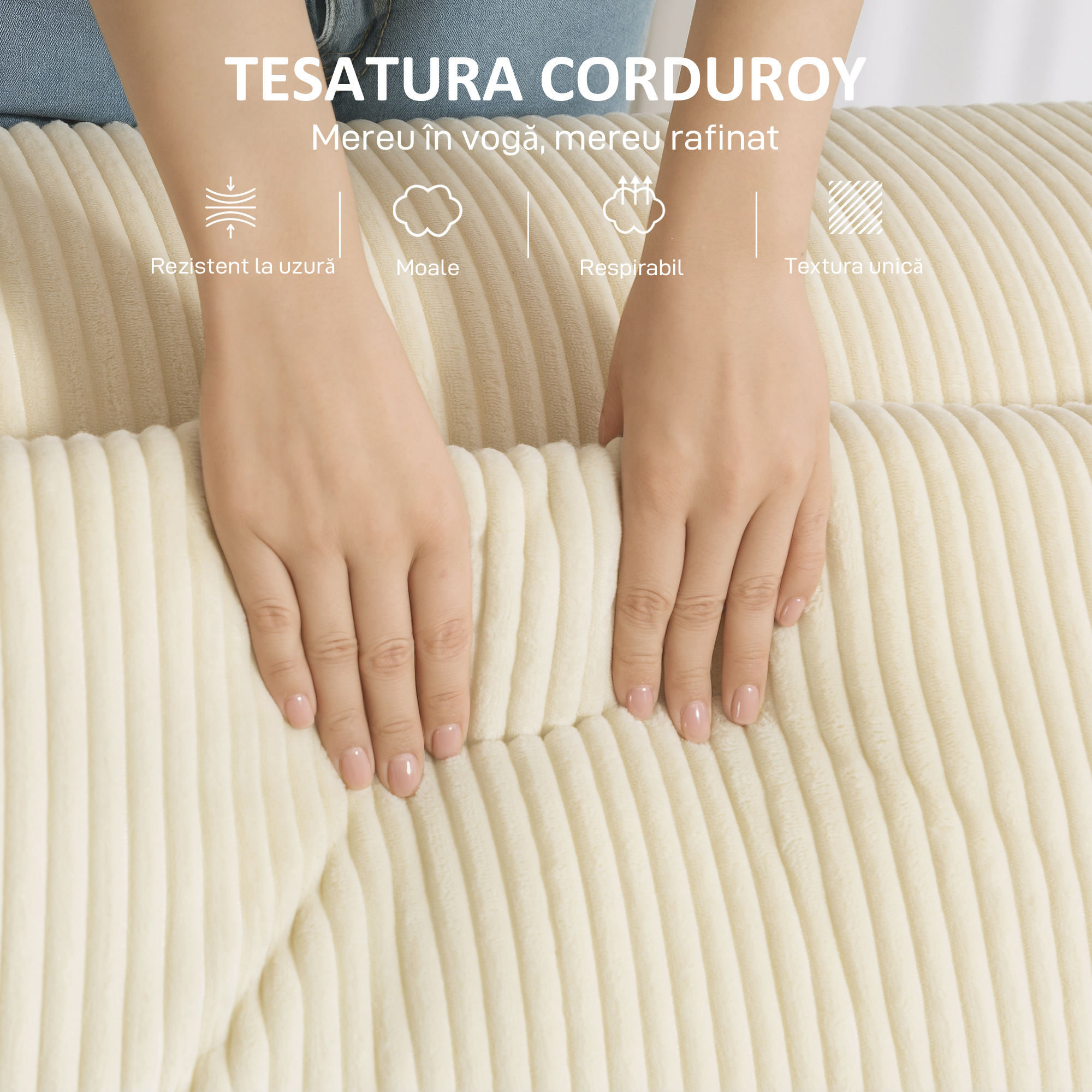  Canapea 3 Locuri Extra Adanca 65 cm, Canapea Modulara Fara Cadru cu Perne Groase, Cotiere Largi si 2 Perne, Design Modern din Catifea cu Nervuri pentru Sufragerie, Bej [5]