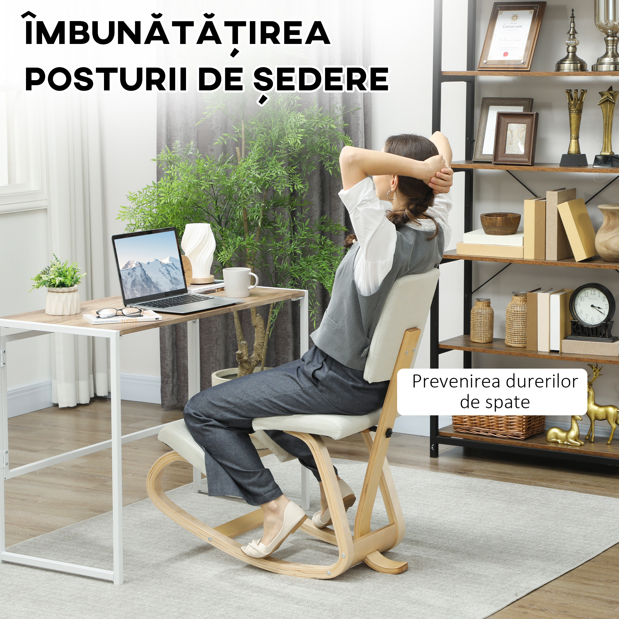  Scaun de Genunchi Oscilant imbracat in tesatura Efect de In si Lemn de Mesteacan, 51x84x93 cm, Crem [3]