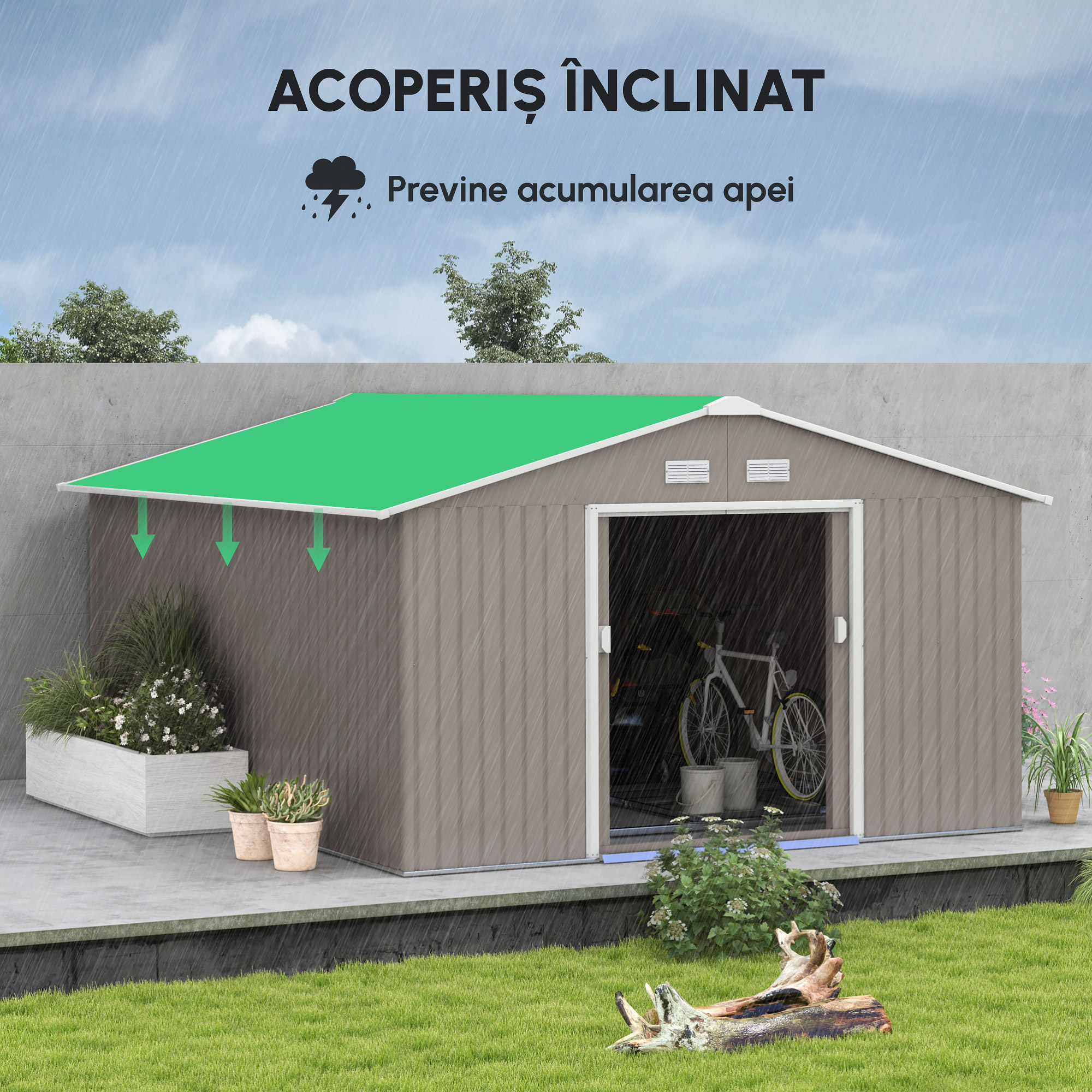  Magazie de Gradina cu Usi Duble Glisante si Acoperis Inclinat, Sopron de Gradina din Otel si PP, 3.4x4x2m, Gri [7]