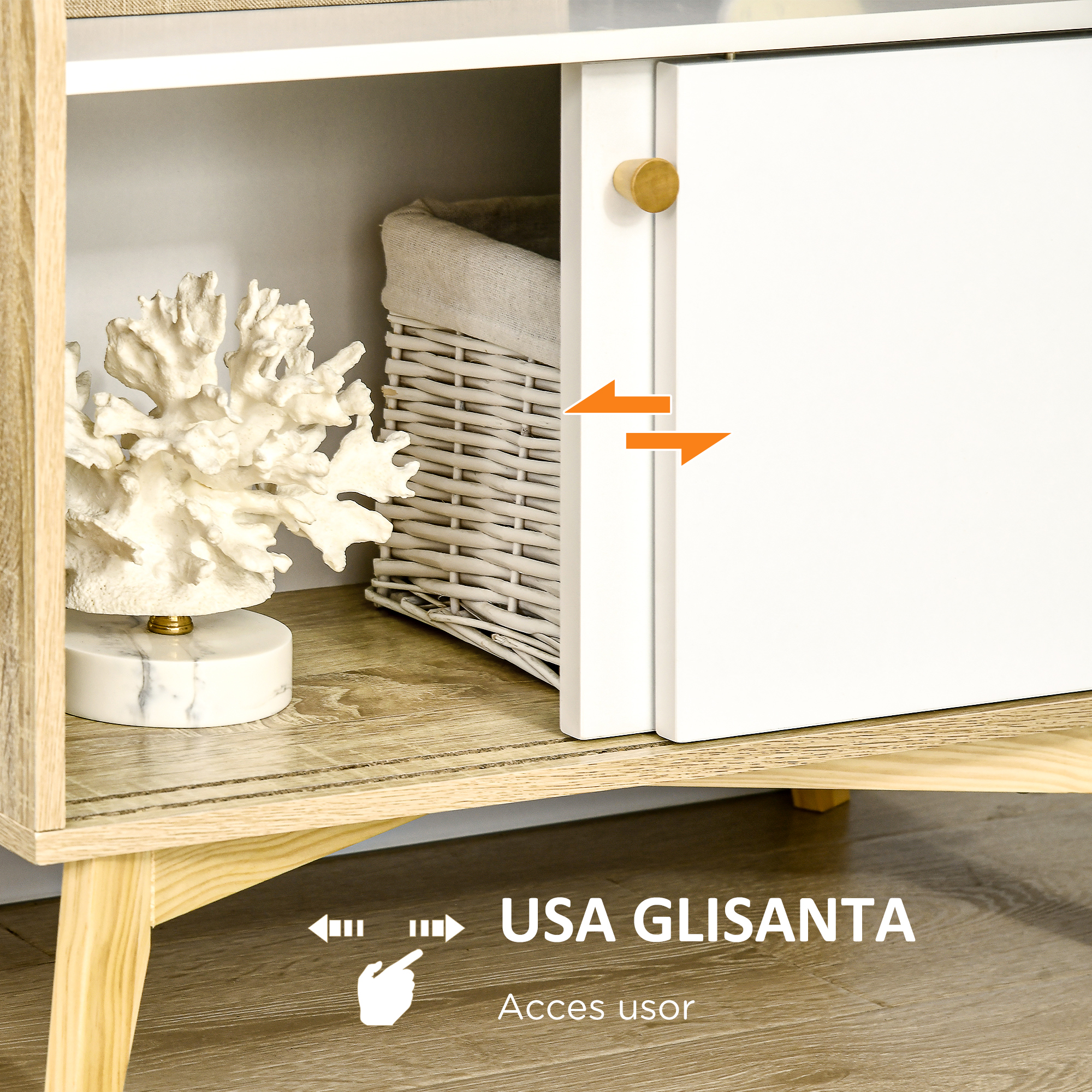  Dulap de depozitare modern , biblioteci cu usi glisante si rafturi deschise pentru sufragerie si camera de joaca, alb, natural [4]