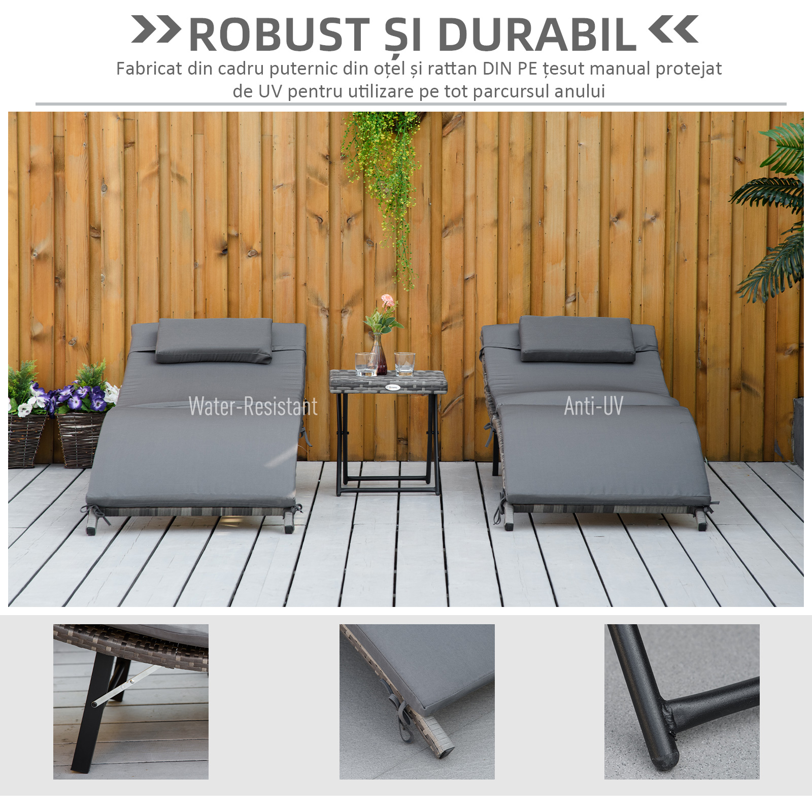  Set de 2 Sezlonguri Pliabile, Sezlong de Gradina din Ratan cu Perne Detasabile Lavabile si Masa Pliabila, Gri [5]