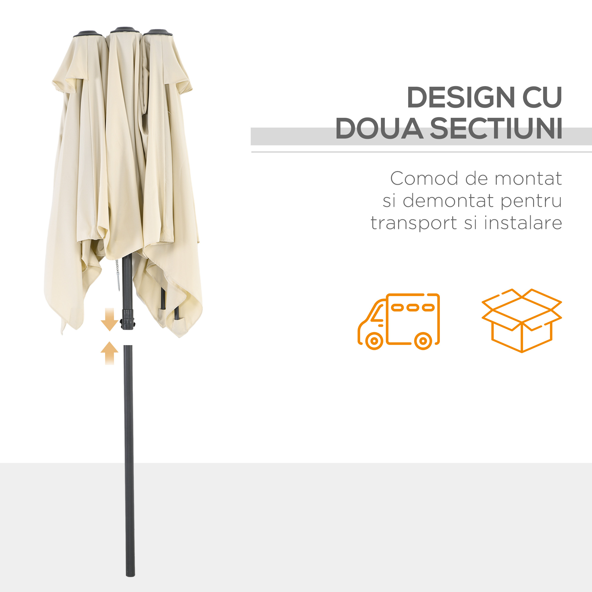  Umbrela Dubla Inclinabila si Reglabila cu Franghie, din Poliester si Metal, 150x295x170-214 cm, Crem [7]