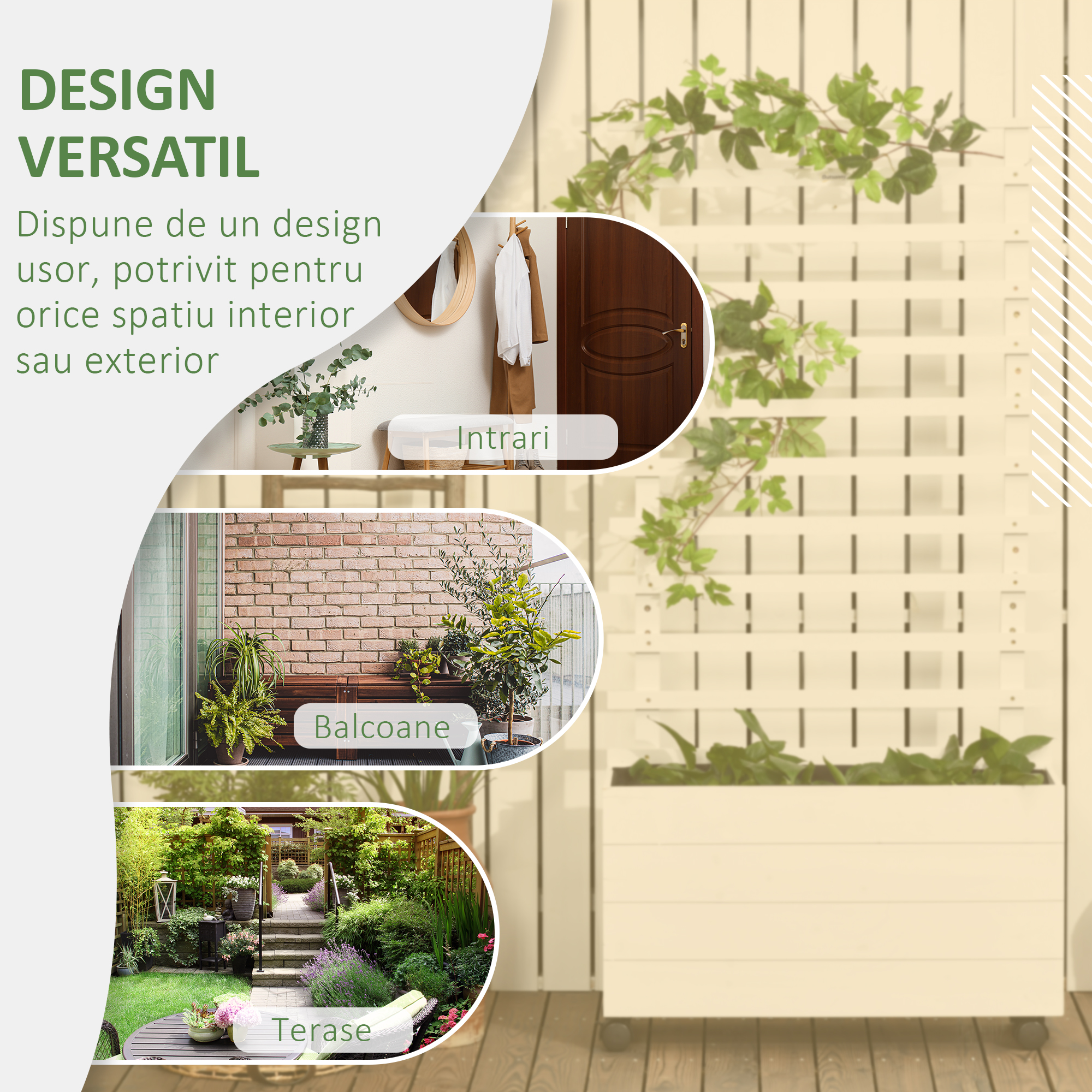 Jardiniera inaltata verticala cu 4 roti si suport pentru plantele cataratoare, din  lemn de brad, 76x30x155cm, alb [3]