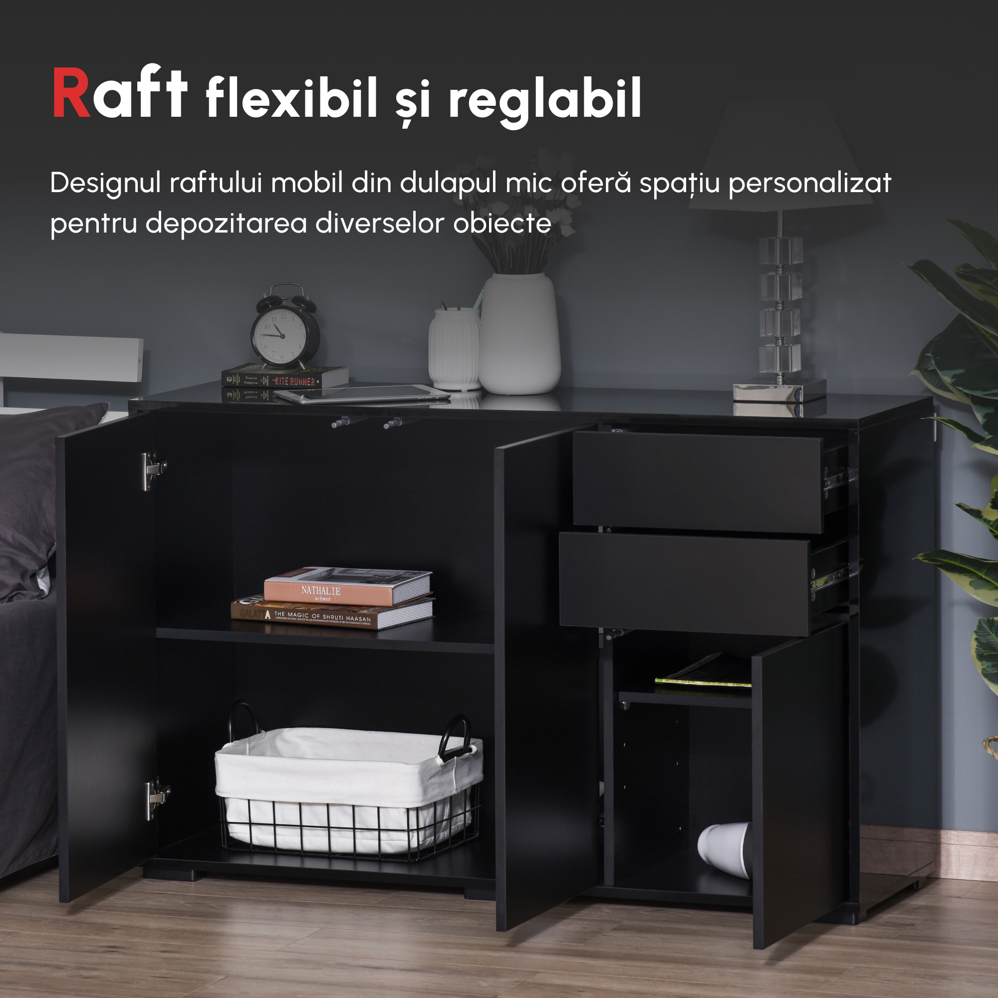 Dulap multifunctional negru  cu 2 sertare si 2 dulapuri cu apasare, 117x36x74cm [3]