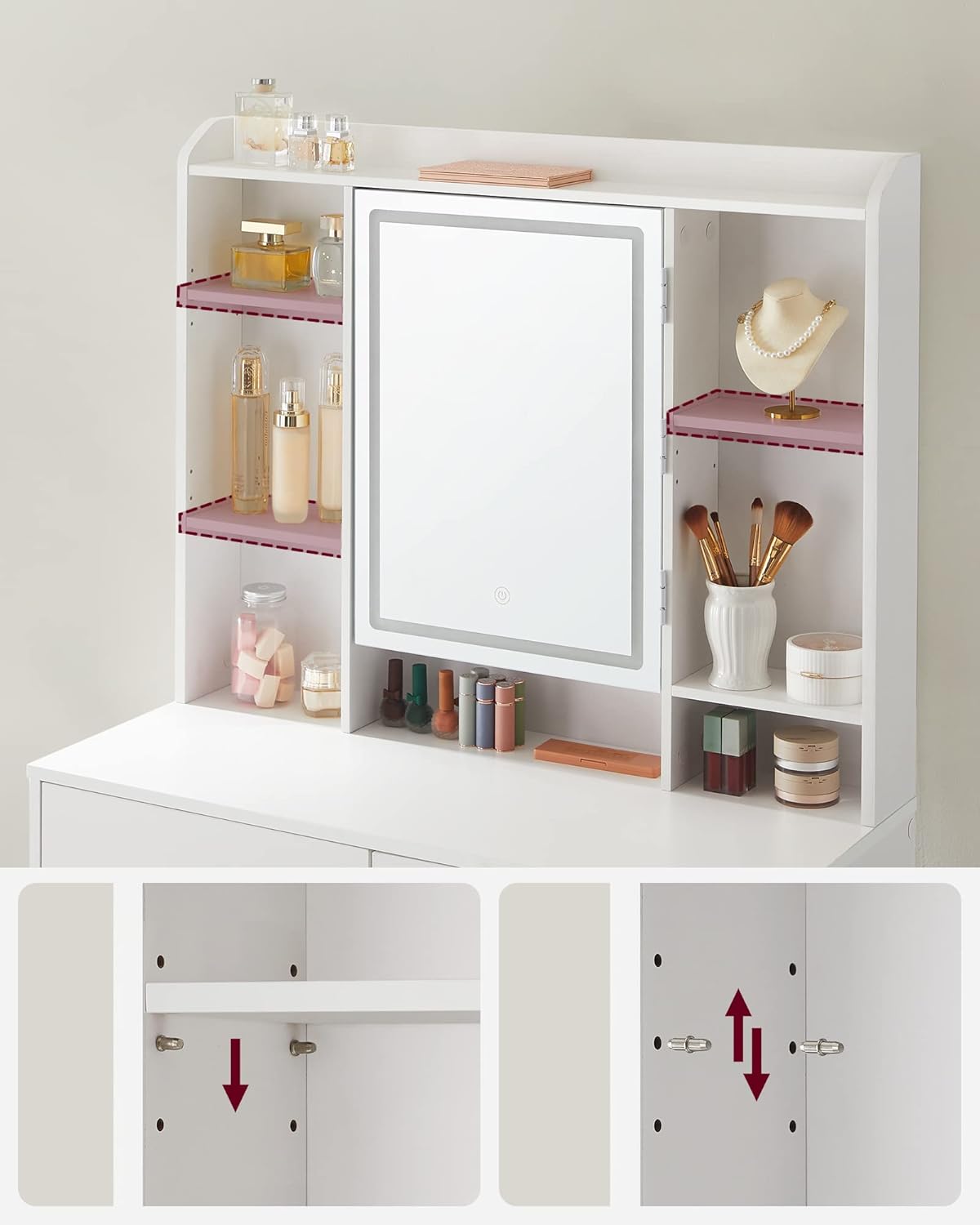 VASAGLE Masa de toaleta cu oglinda, iluminare LED reglabila, 2 sertare, 90x40x145cm, alb [8]