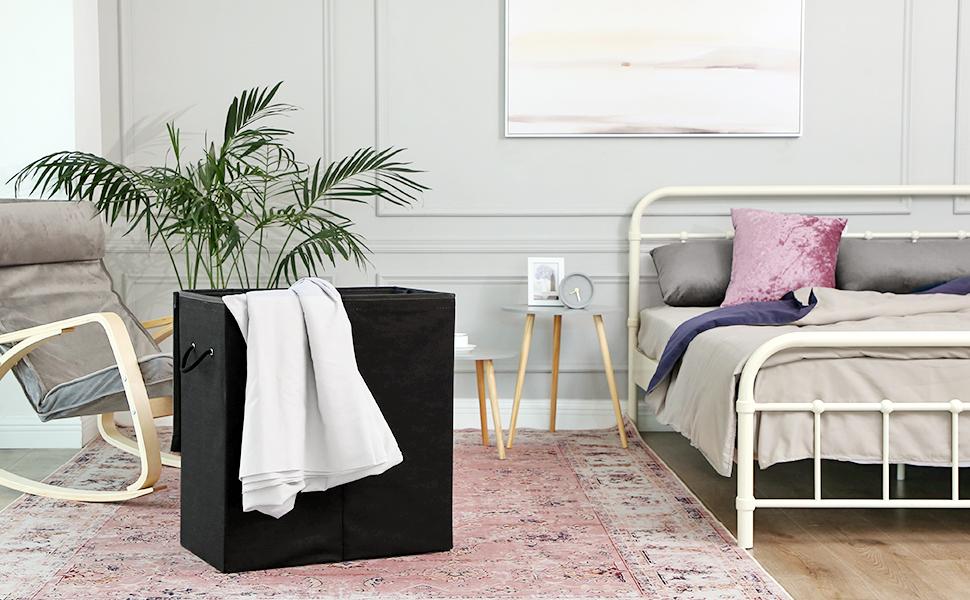 SONGMICS Cos de rufe textil, pliabil, 2 compartimente, saci detasabili, 142L, 60x36x66cm, negru [7]