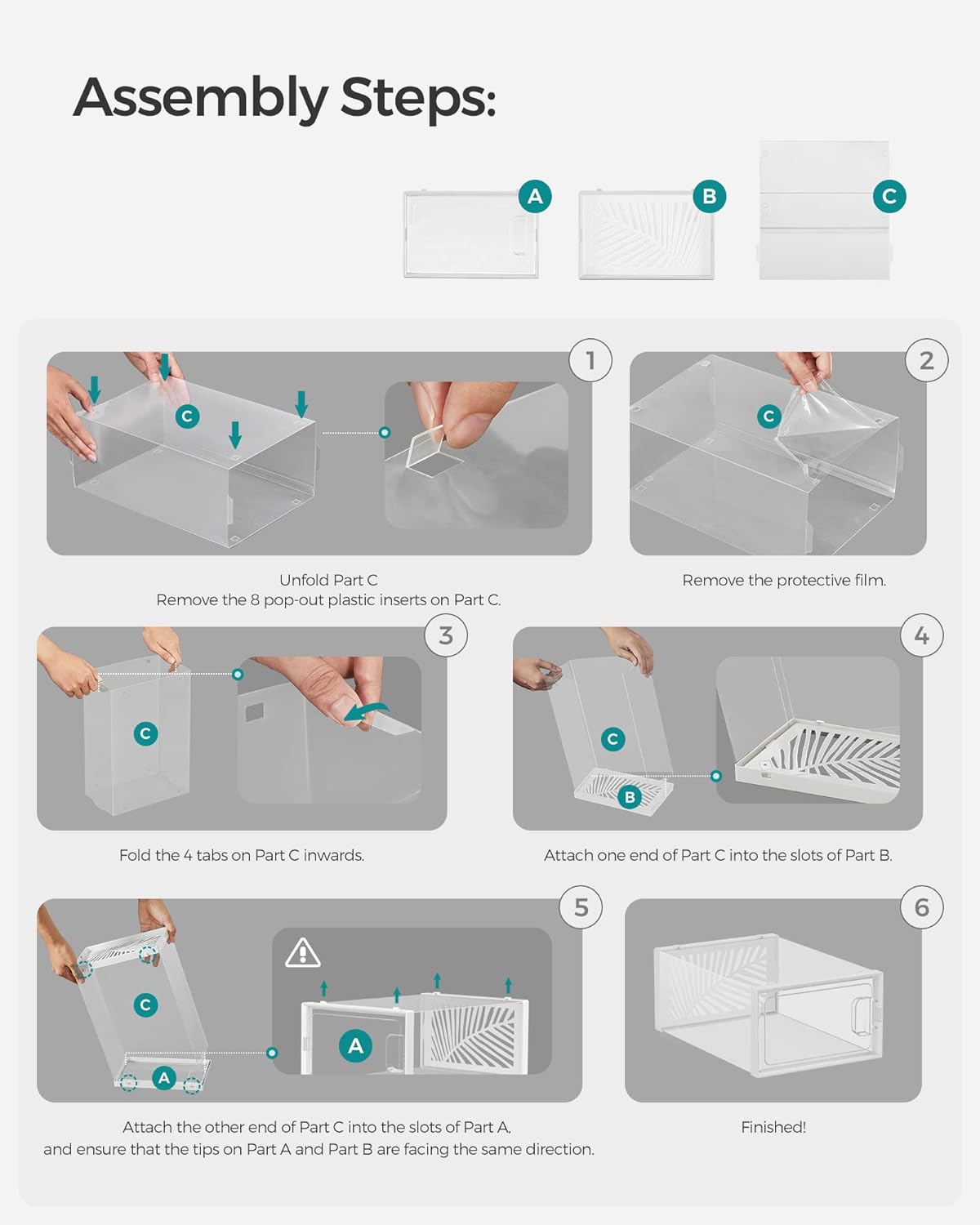 SONGMICS Cutii de pantofi, set de 18 organizatoare stivuibile, structura rezistenta ABS, 34x23x14cm, transparent [7]