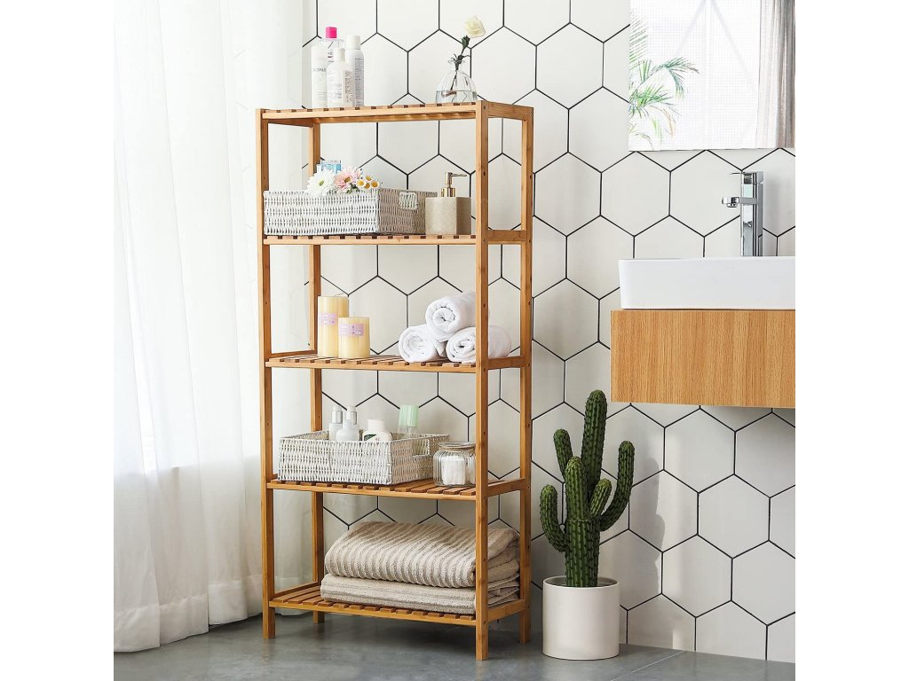 SONGMICS Raft de depozitare din bambus, 5 polite, pentru bucatarie sau baie, 130x60x26cm, maro natural [7]