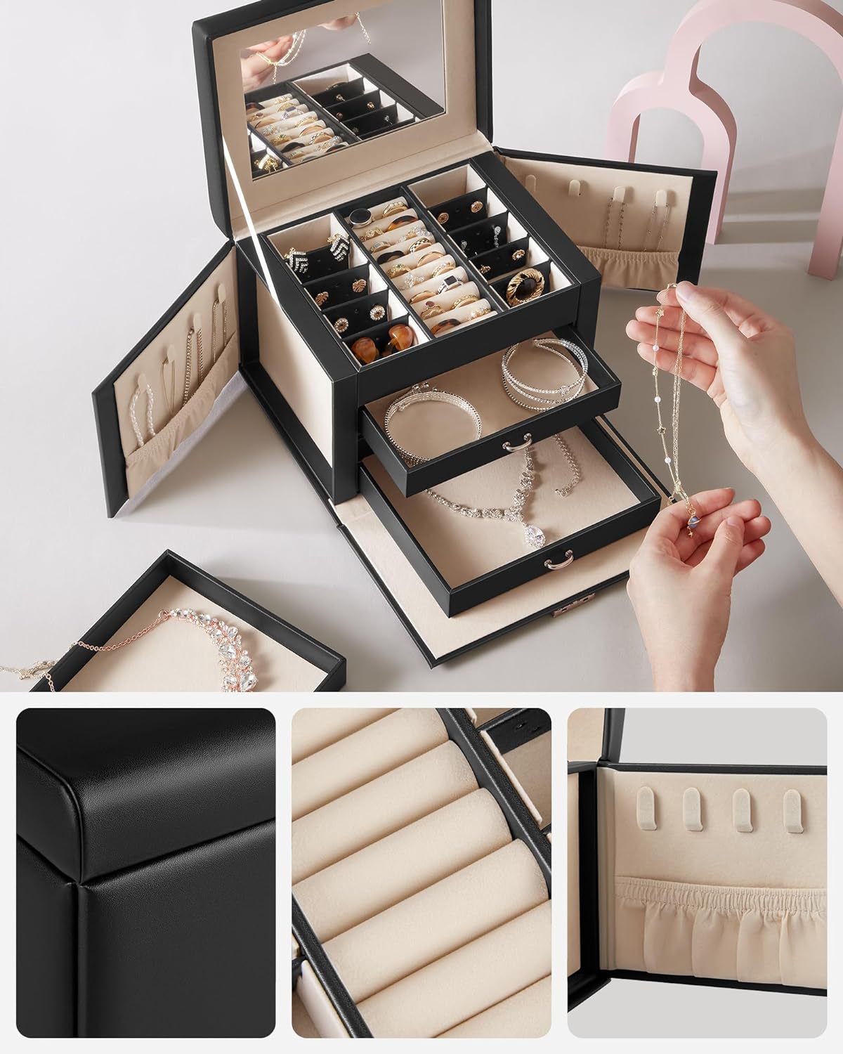 SONGMICS Cutie de bijuterii cu 4 nivele, 3 sertare, oglinda si incuietoare, 18x23x17cm, negru [2]