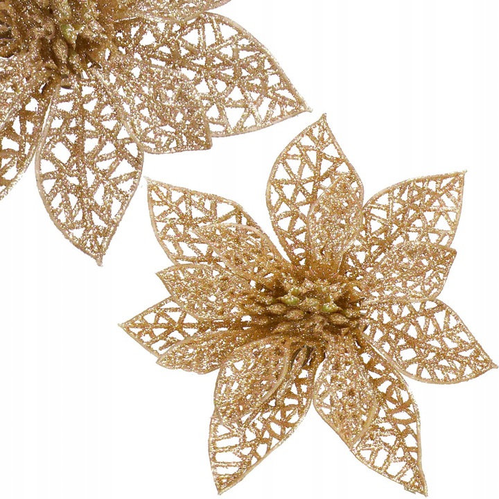 Set 10 ornamente pentru bradul de Craciun, stea Poinsettia, 14cm, auriu [7]