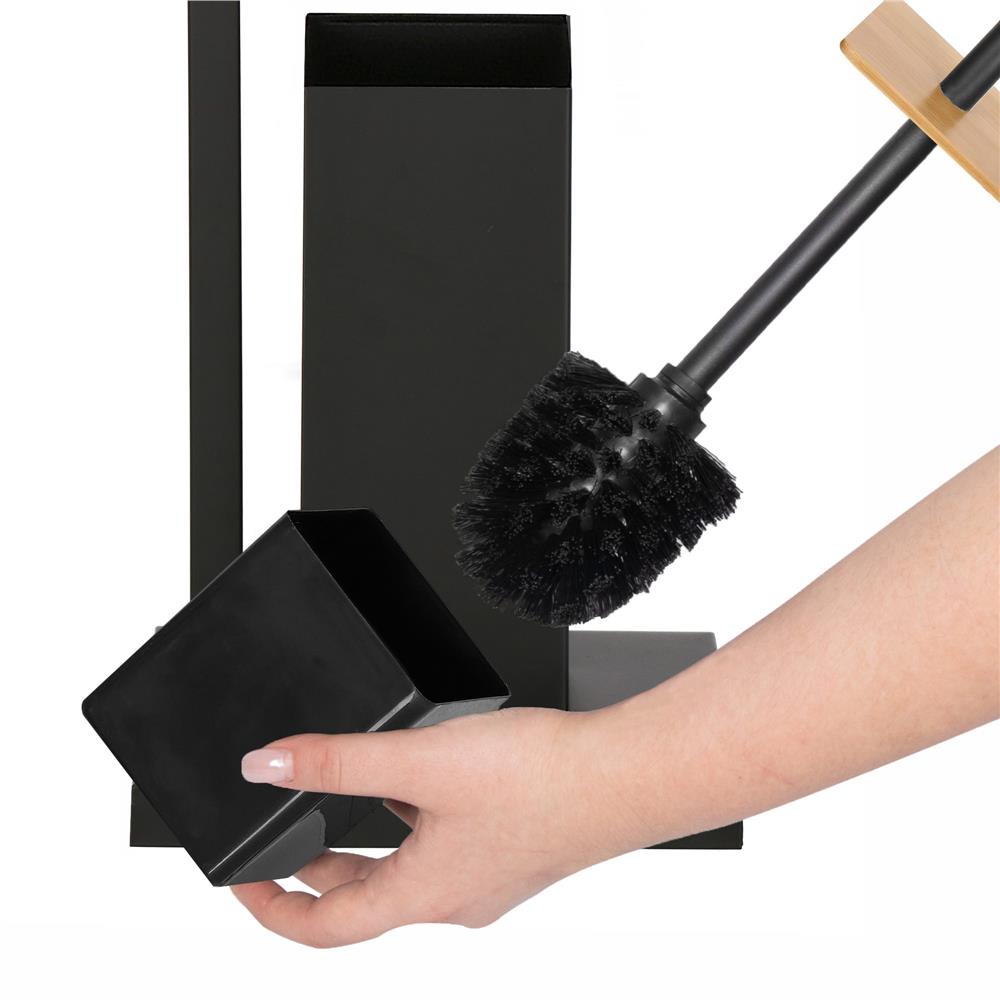 Stand cu perie WC si suport hartie igienica, metal si bambus, 79cm, negru [7]