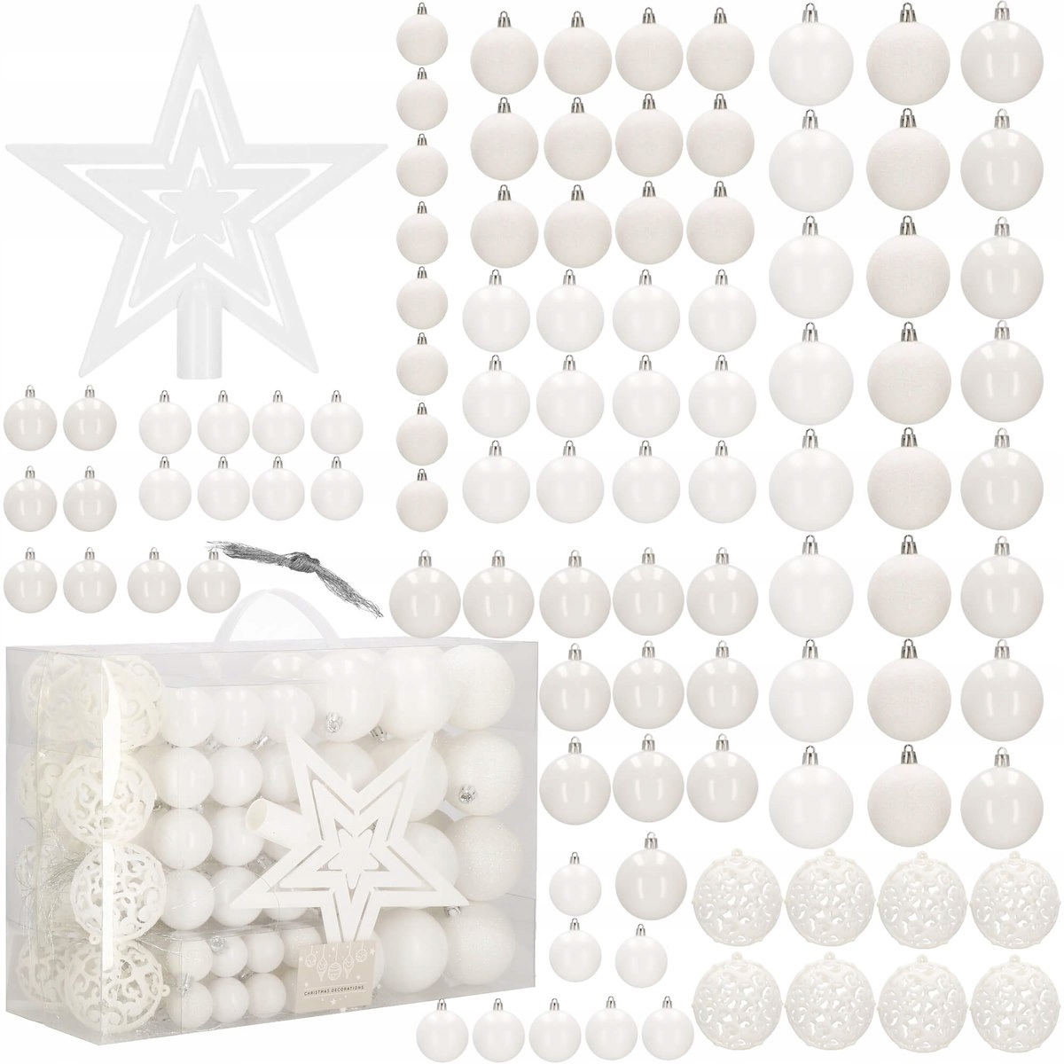 Set globuri si decoratiuni de Craciun, 100 piese, diverse dimensiuni cu stea, alb [6]